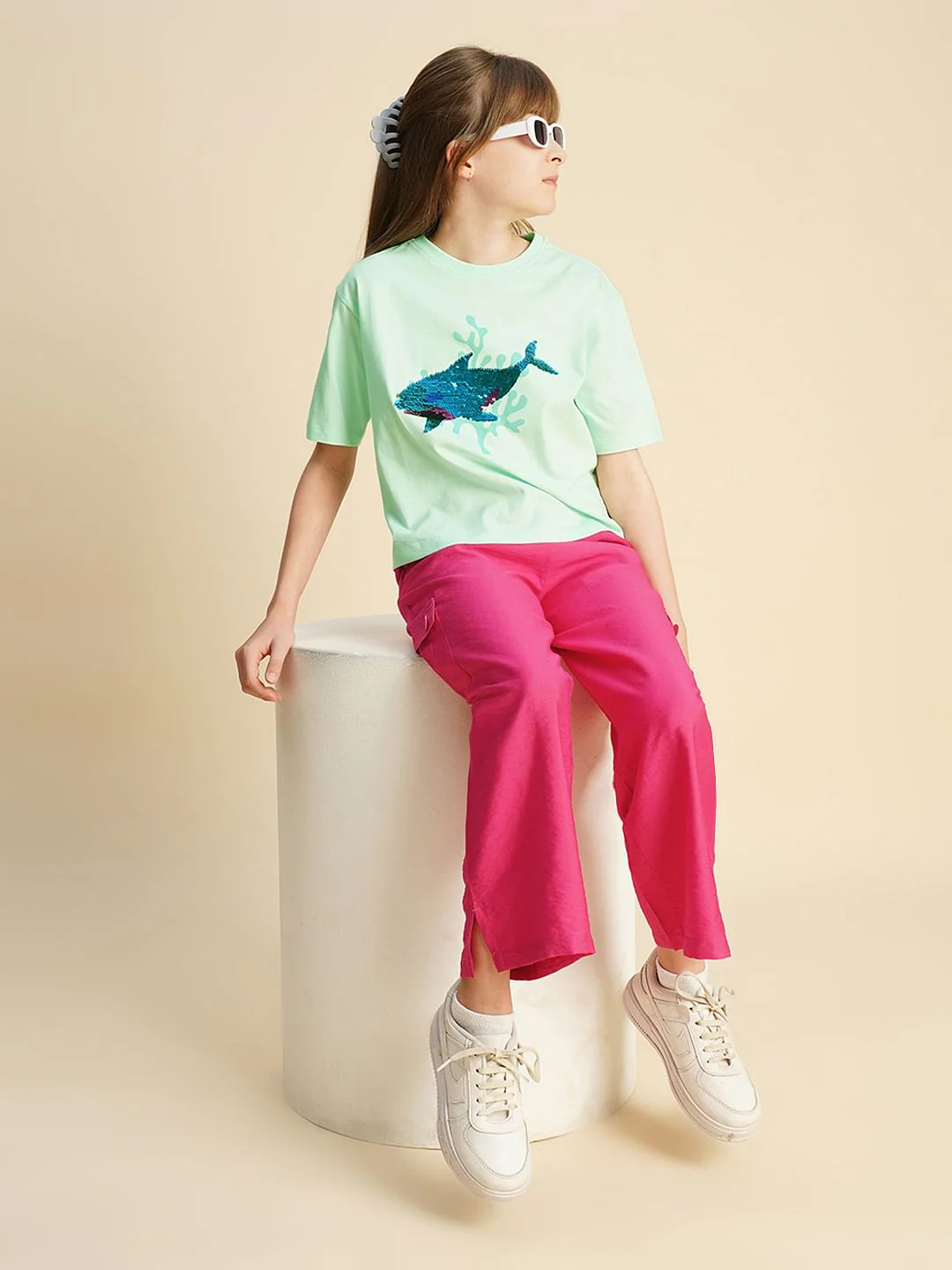 Girls Blue Sequin Whale Print T-Shirt - Image 5