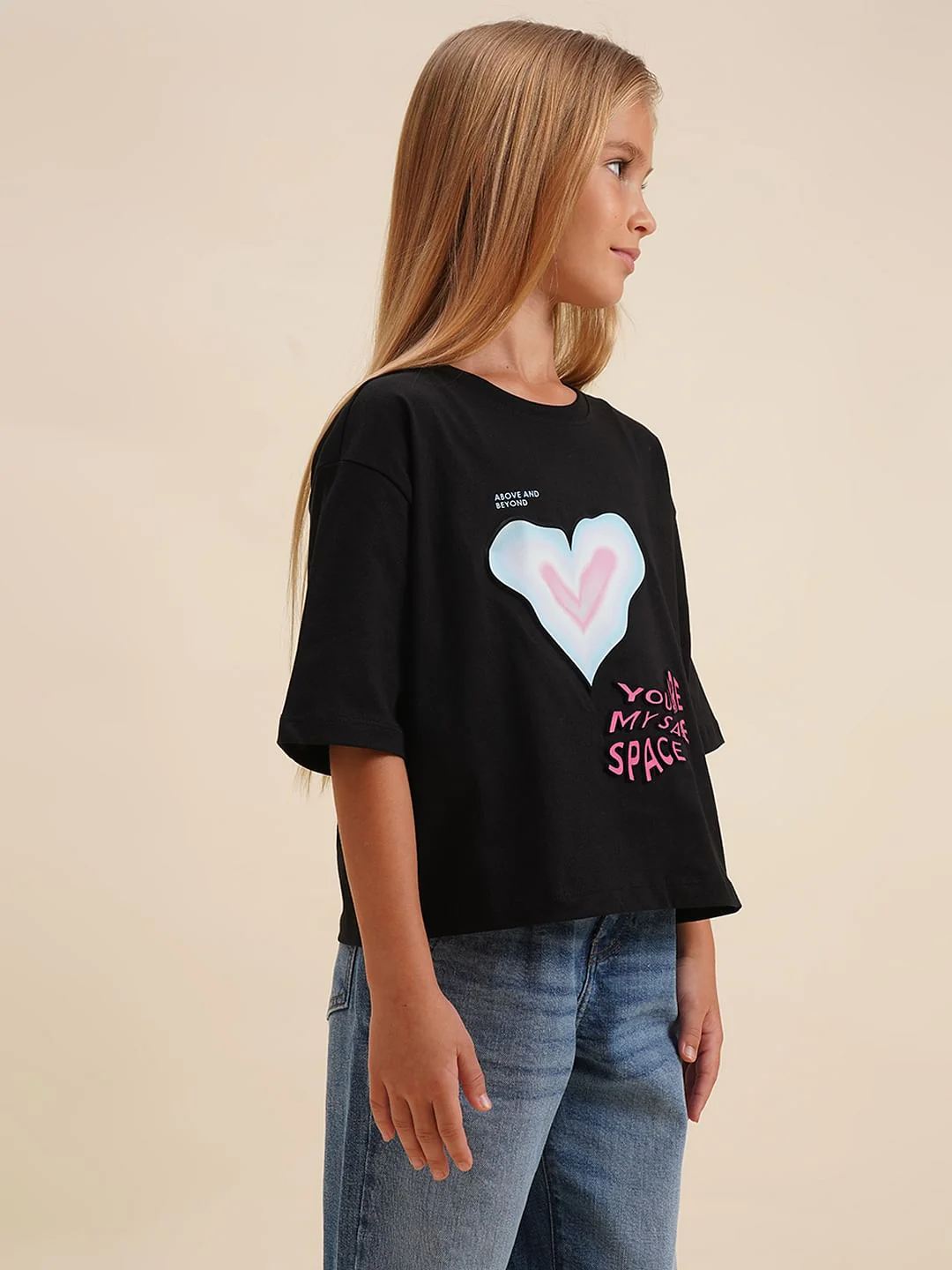 Girls Black Printed Cotton Oversized T-Shirt - Image 2
