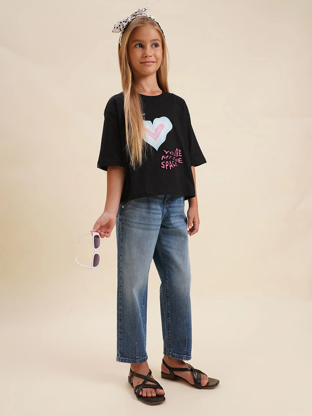 Girls Black Printed Cotton Oversized T-Shirt - Image 5