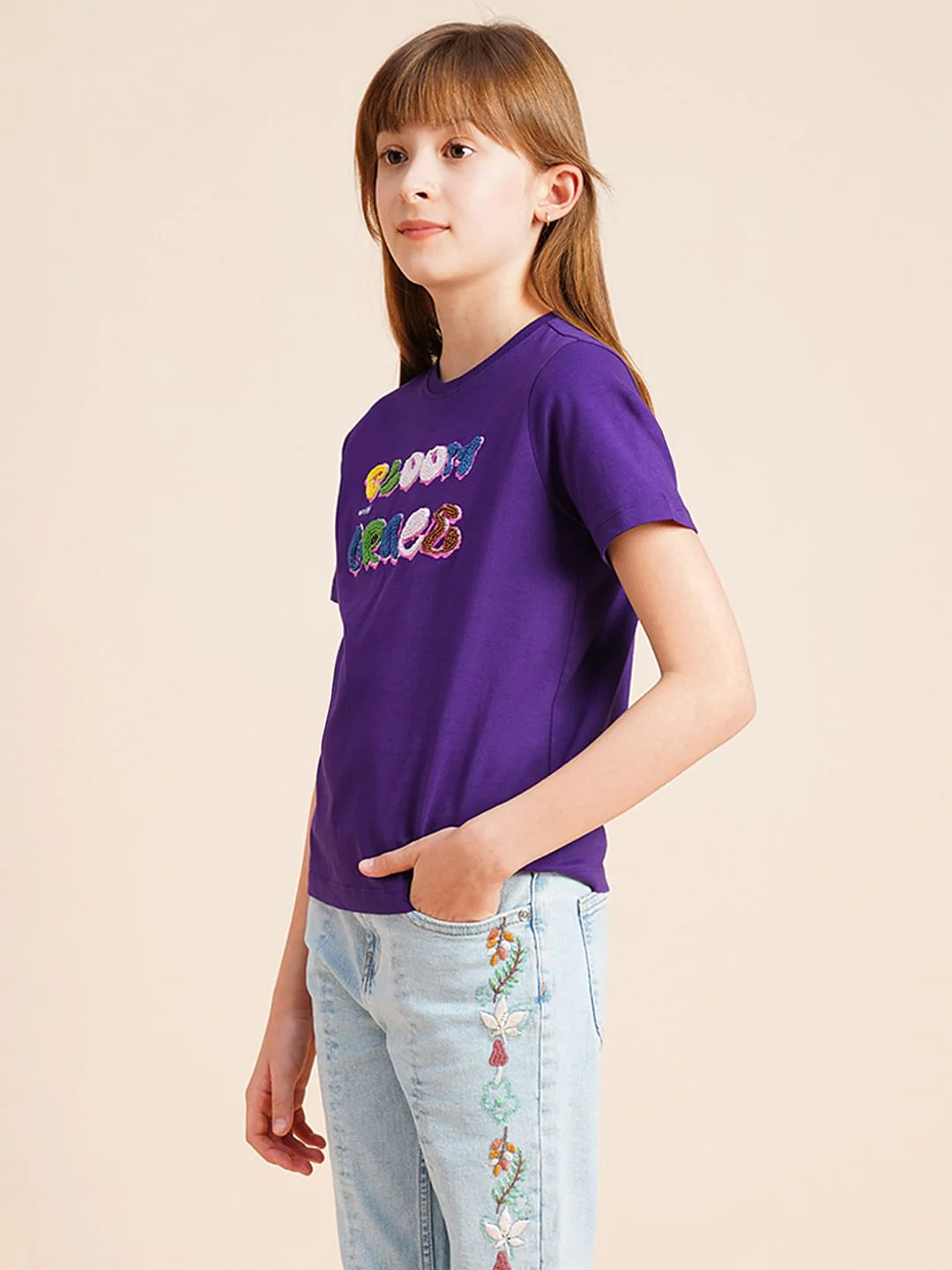 Girls Purple Bead Text Cotton T-Shirt - Image 2