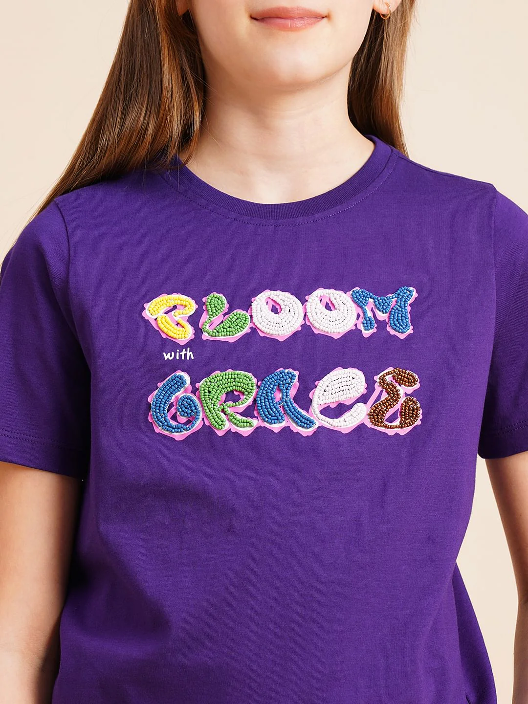 Girls Purple Bead Text Cotton T-Shirt - Image 4