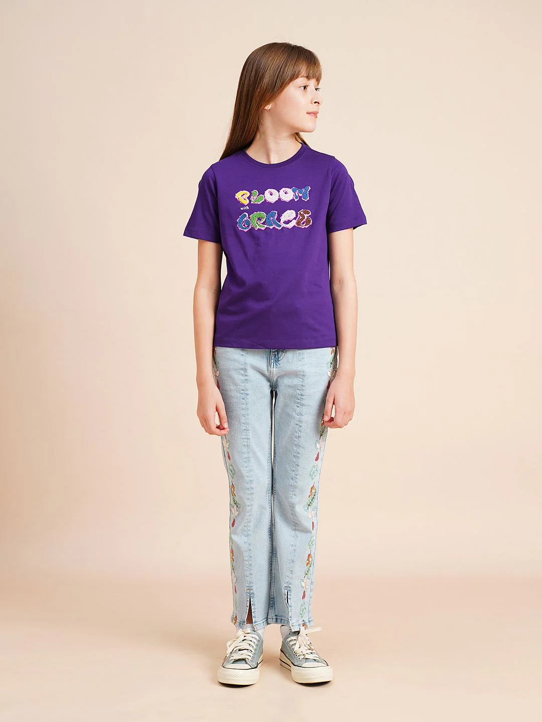 Girls Purple Bead Text Cotton T-Shirt - Image 5