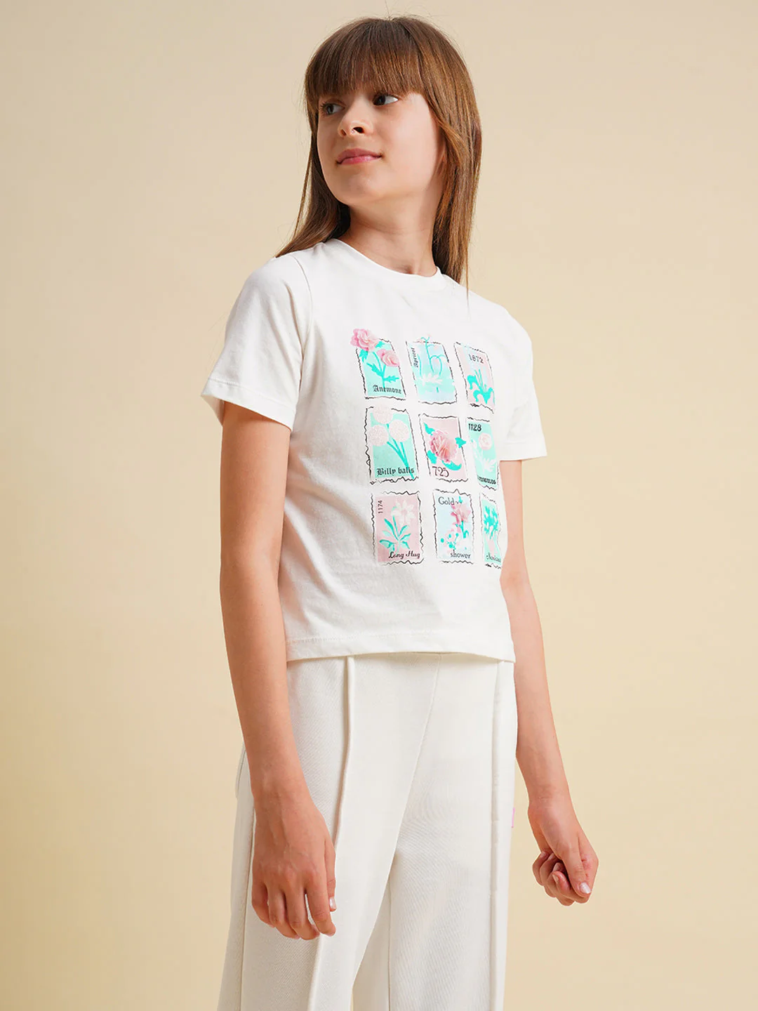 Girls White Floral Printed Cotton T-shirt - Image 2