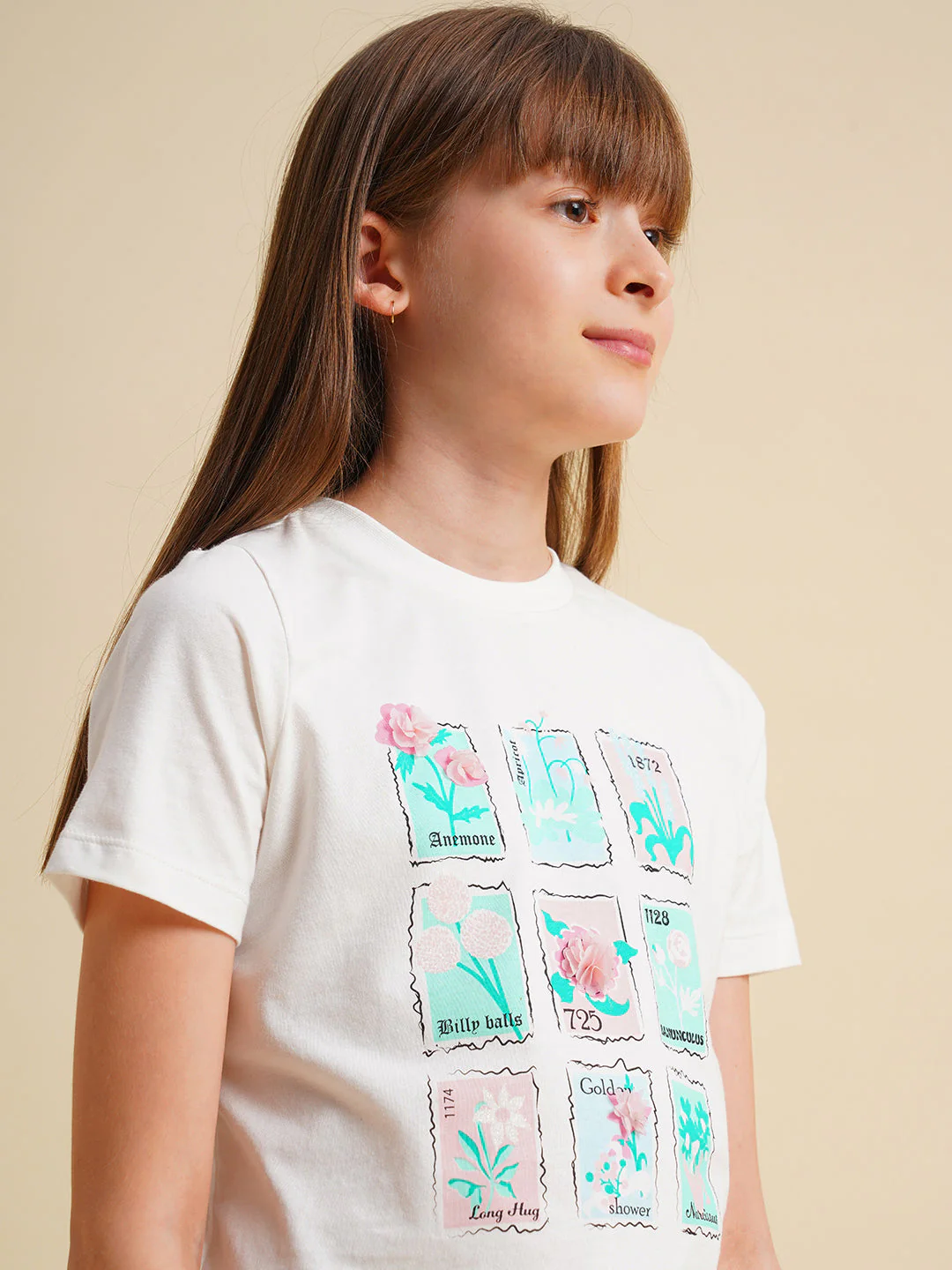 Girls White Floral Printed Cotton T-shirt - Image 4
