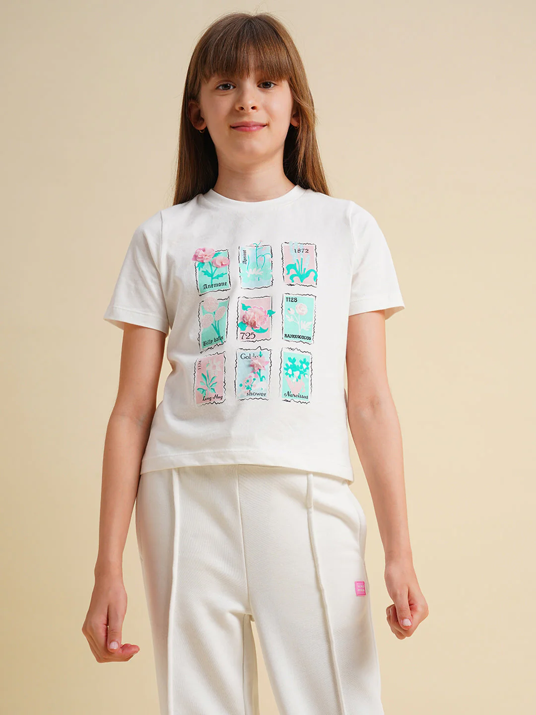 Girls White Floral Printed Cotton T-shirt - Image 7