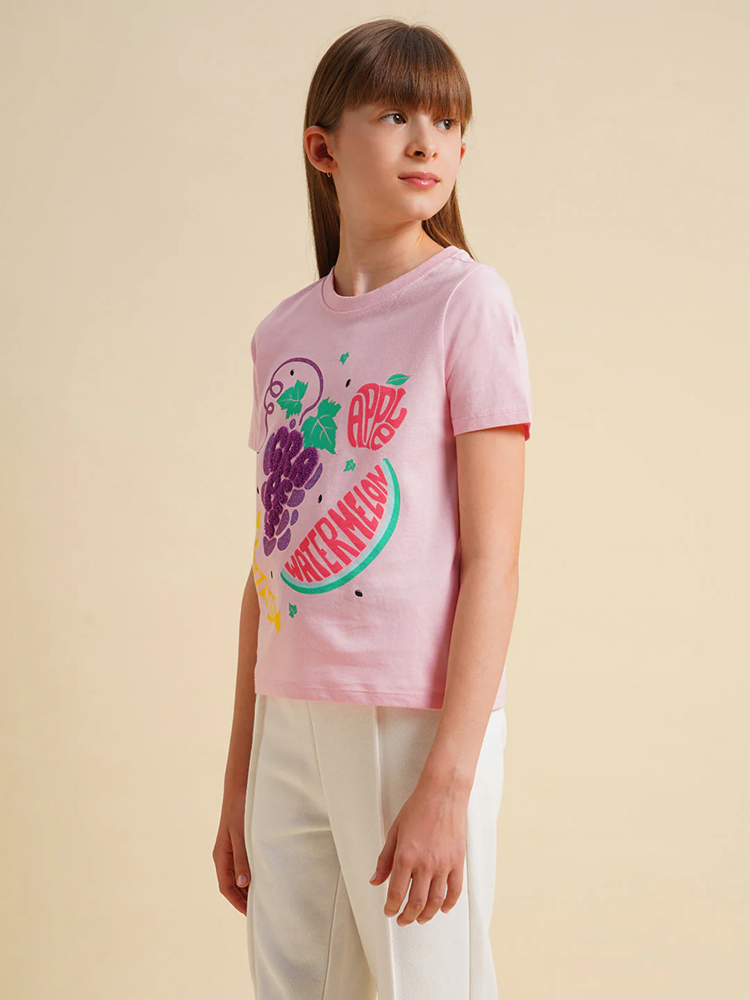 Girls Pink Printed Cotton T-shirt - Image 2