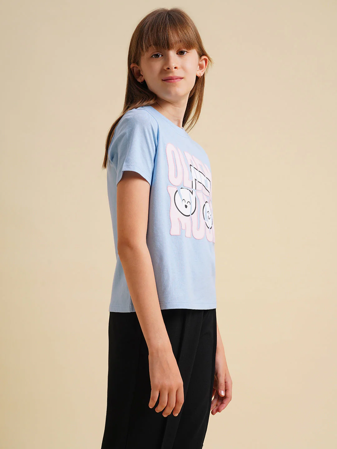 Girls Blue Printed Cotton T-shirt - Image 2