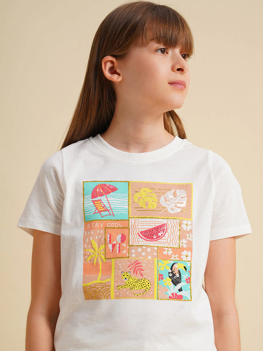 Girls White Printed Cotton T-shirt - Image 4