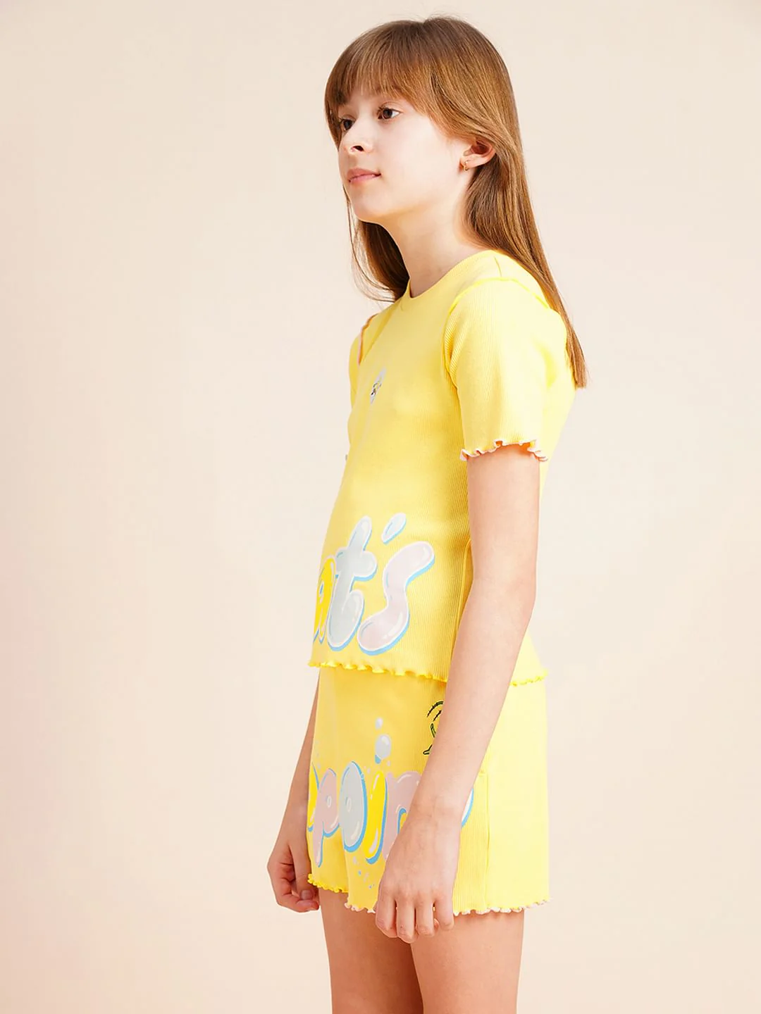 Girls Yellow Ribbed Co-Ord Set T-Shirt - Image 2