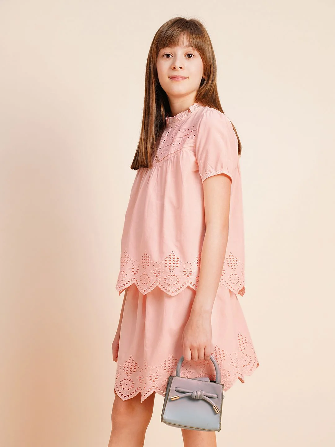 Girls Pink Schiffli Co-Ord Set Top