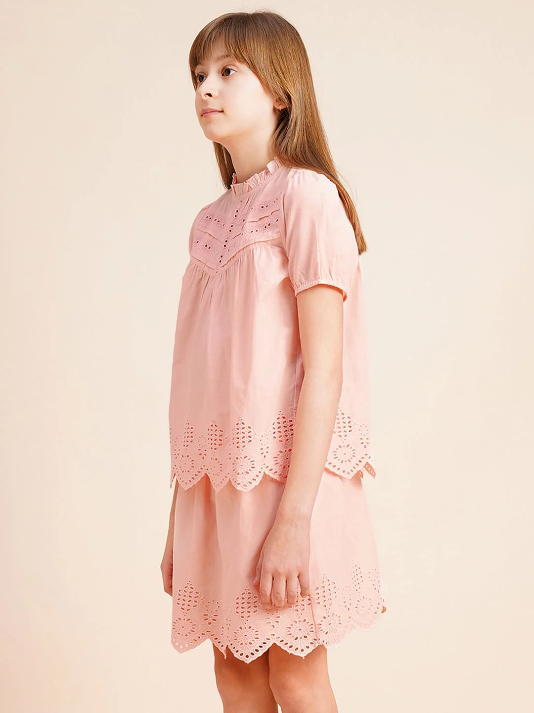 Girls Pink Schiffli Co-Ord Set Top - Image 2