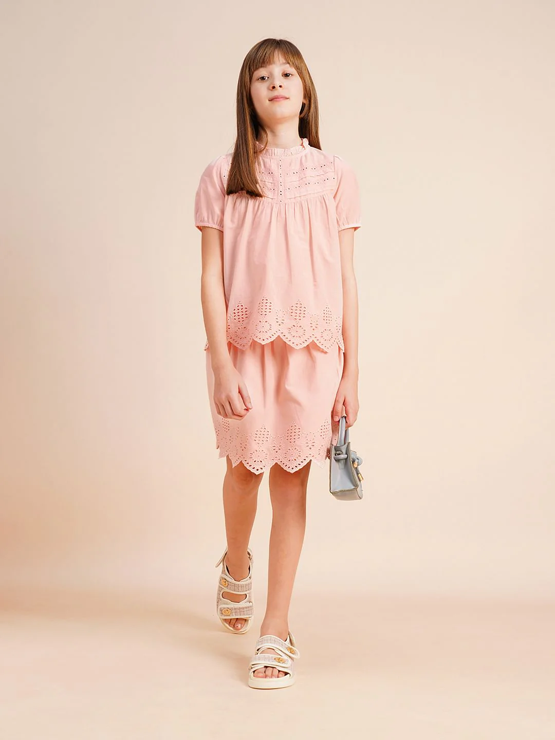 Girls Pink Schiffli Co-Ord Set Top - Image 5