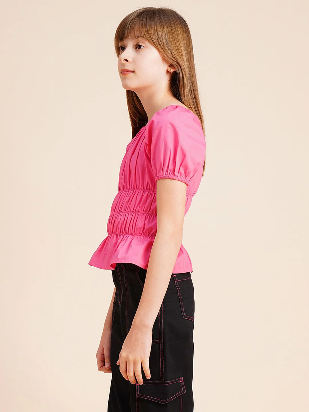 Girls Pink Smocked Peplum Top - Image 2
