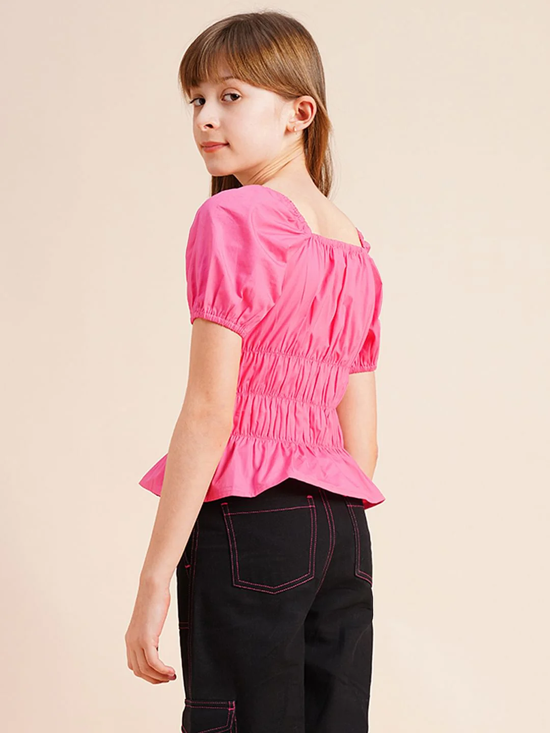 Girls Pink Smocked Peplum Top - Image 3