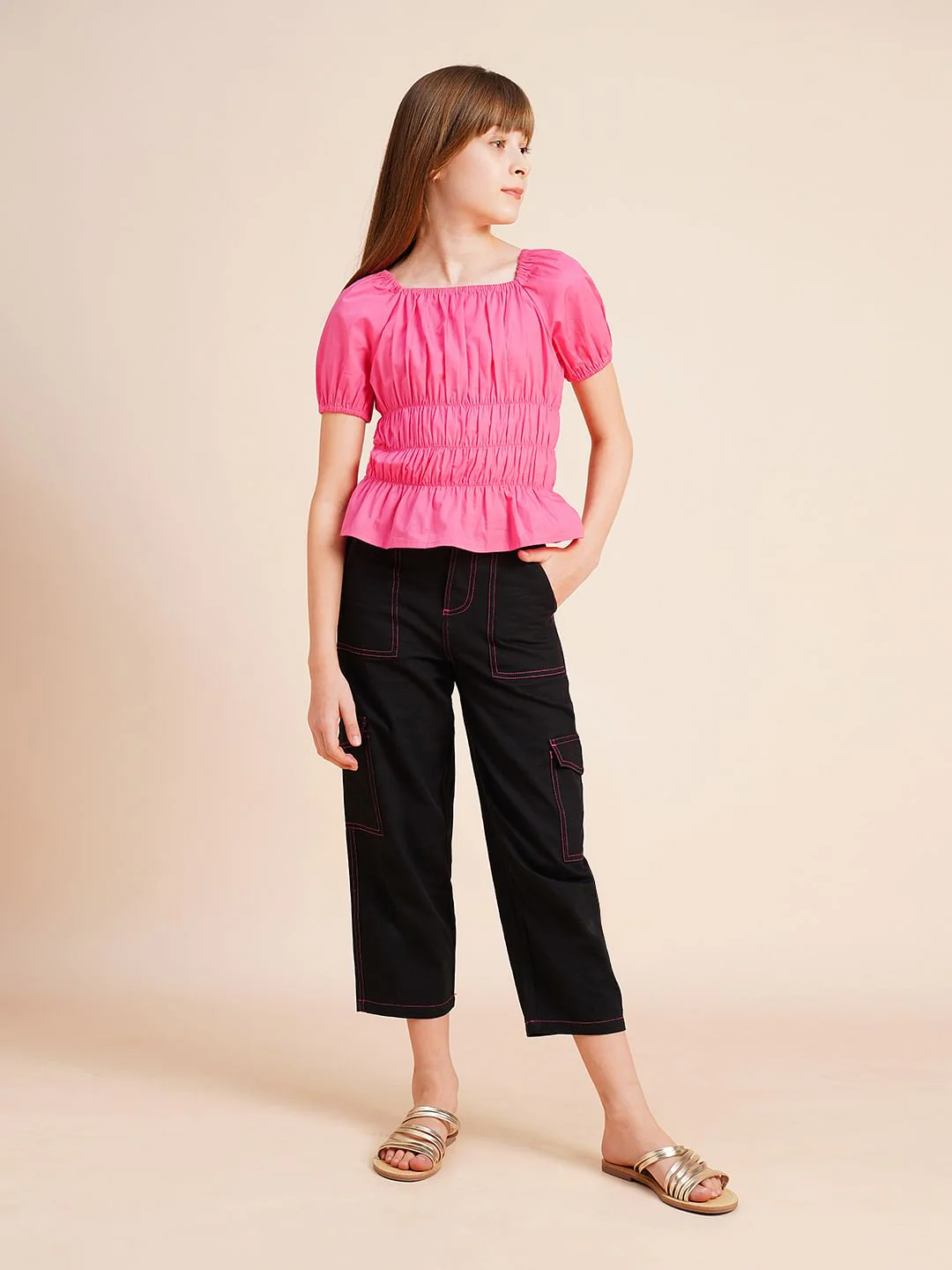 Girls Pink Smocked Peplum Top - Image 5