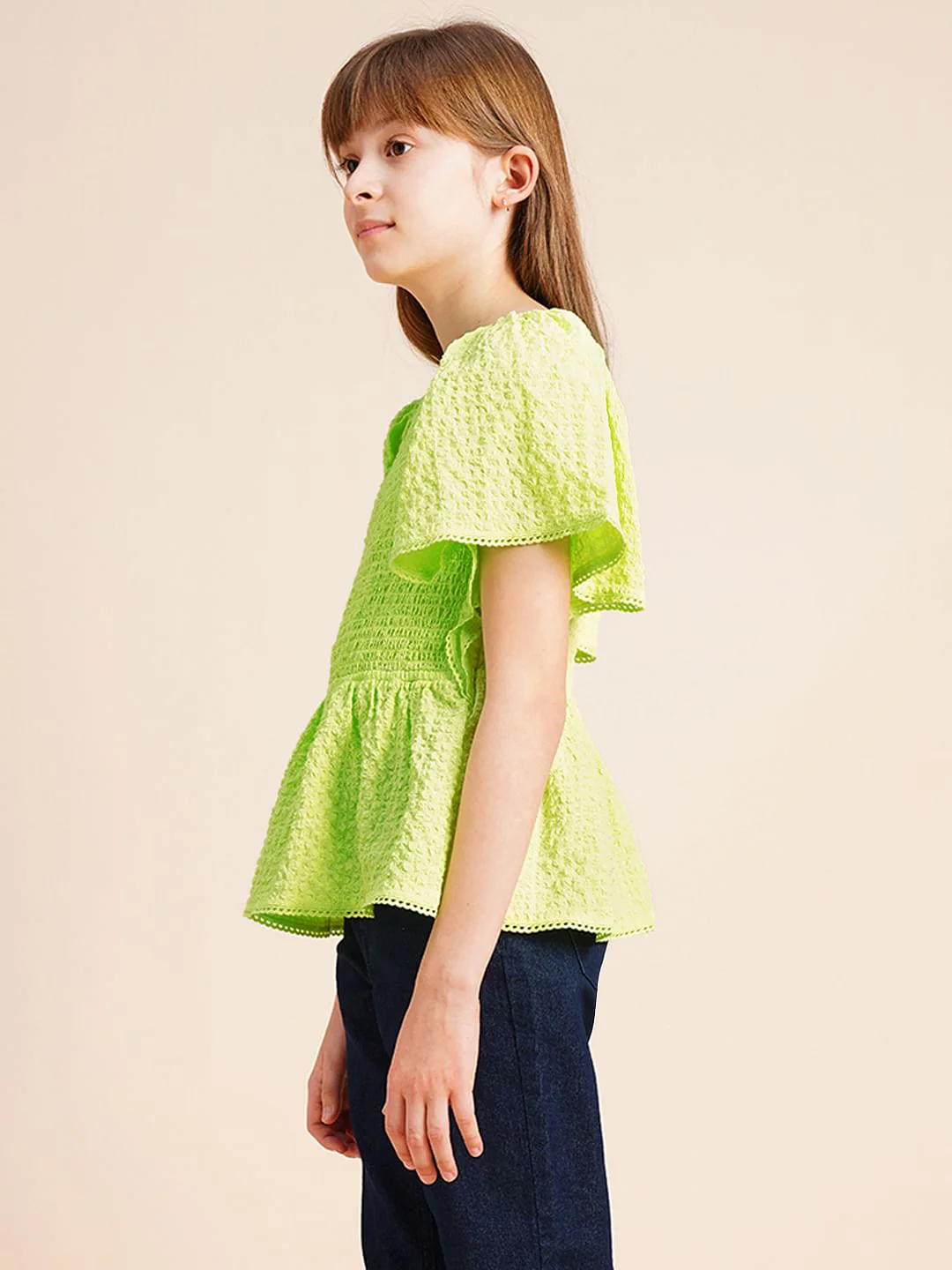 Girls Green Smocked Peplum Top - Image 2