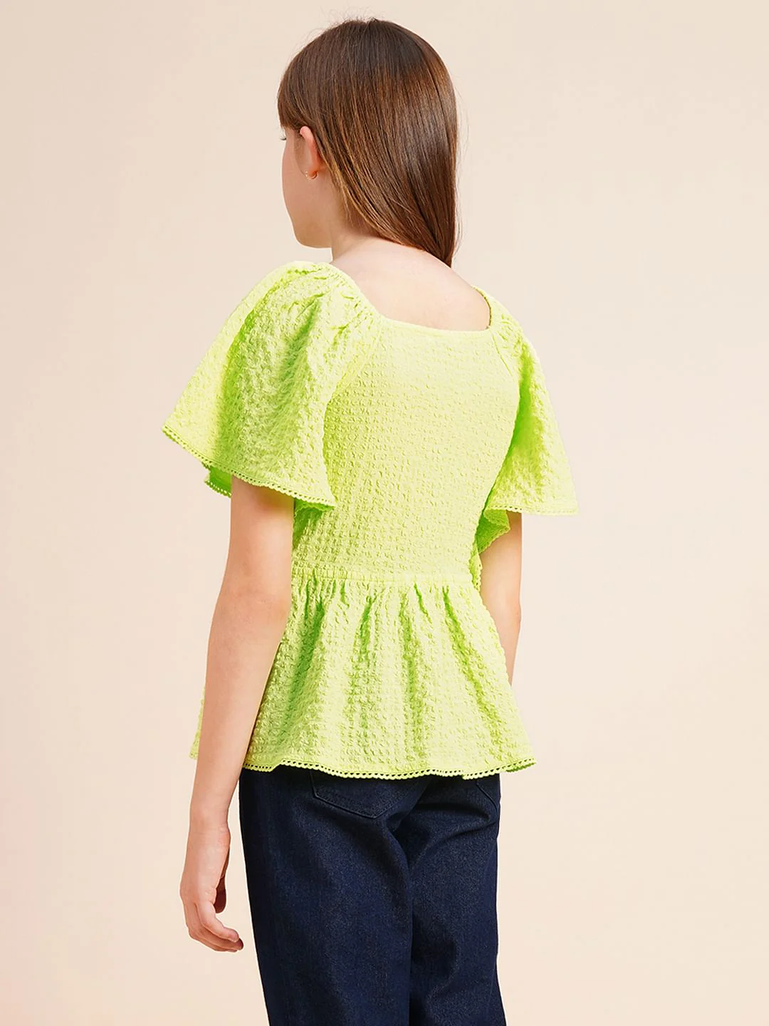 Girls Green Smocked Peplum Top - Image 3