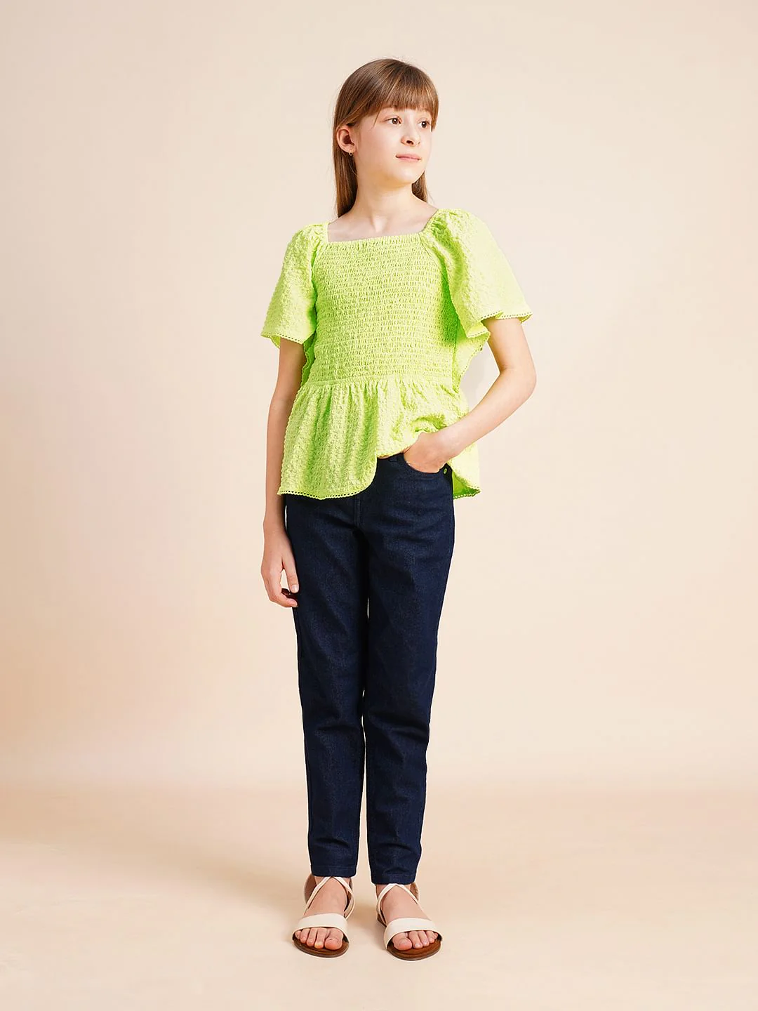 Girls Green Smocked Peplum Top - Image 5