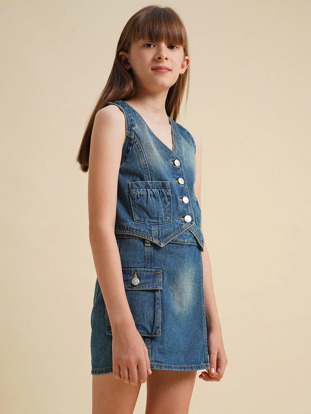 Girls Blue Cotton Denim Waistcoat - Image 2