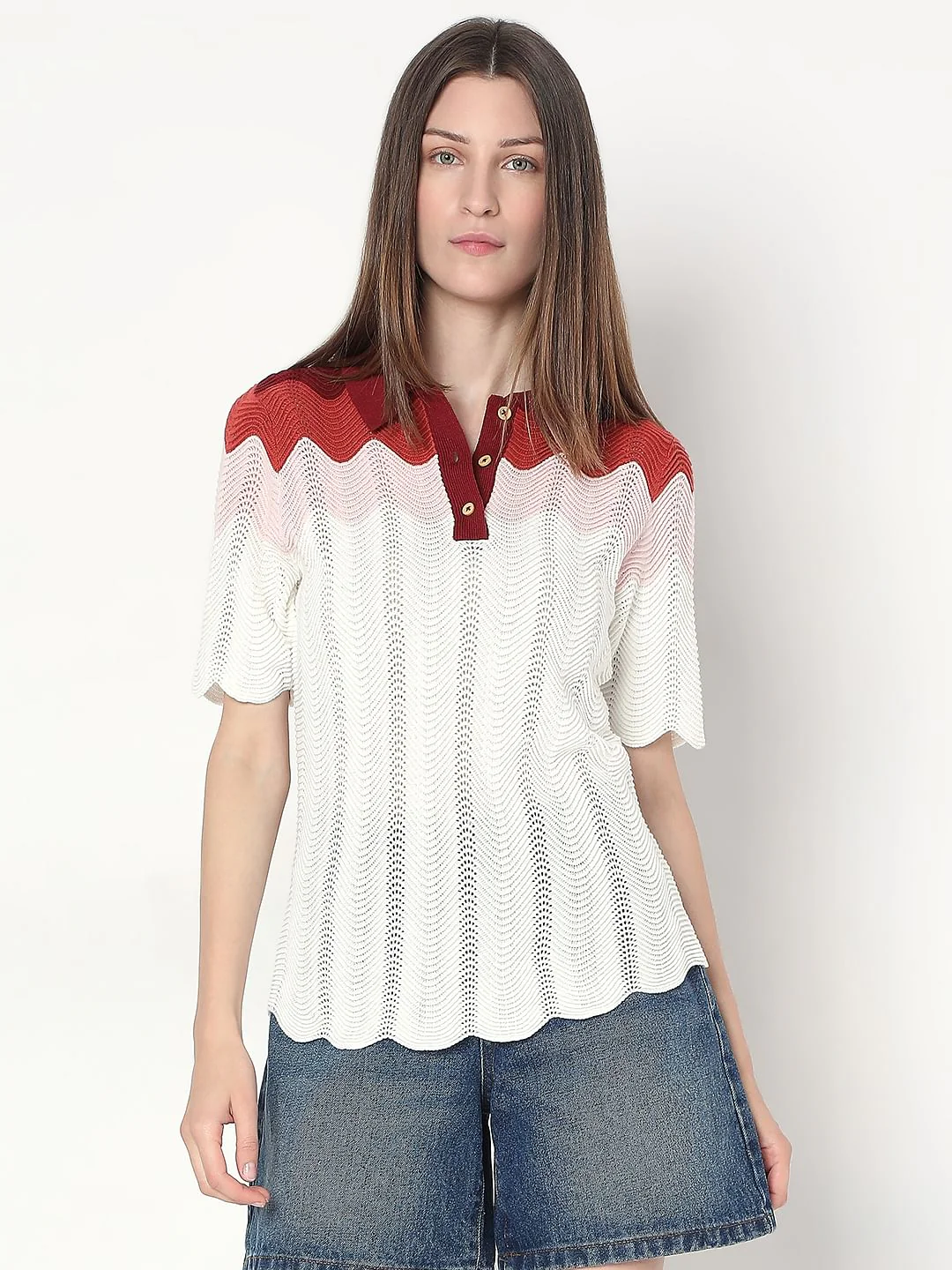 White Colourblocked Knit Top - Image 2