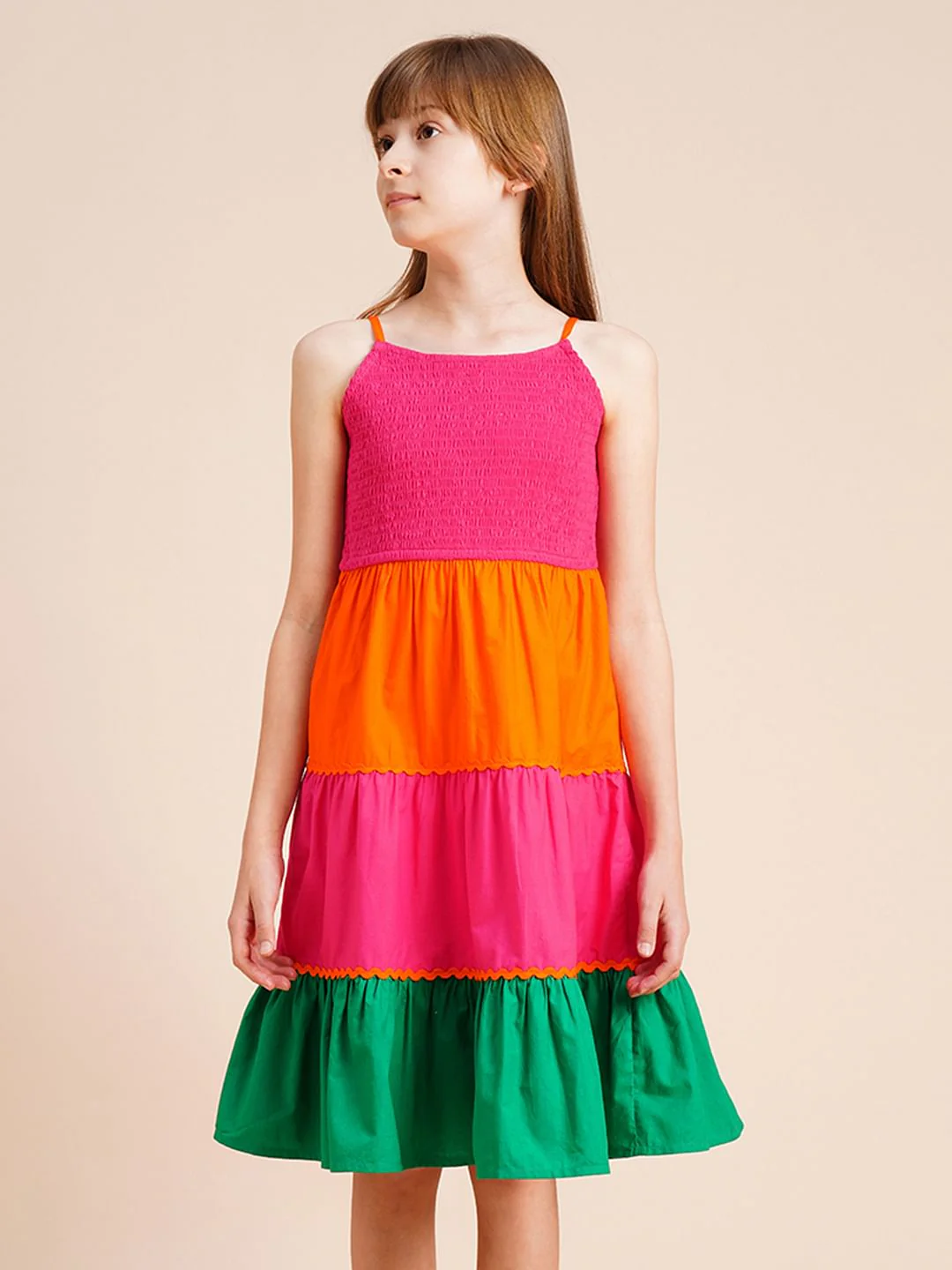 Girls Pink Colourblocked Tiered Dress - Image 2