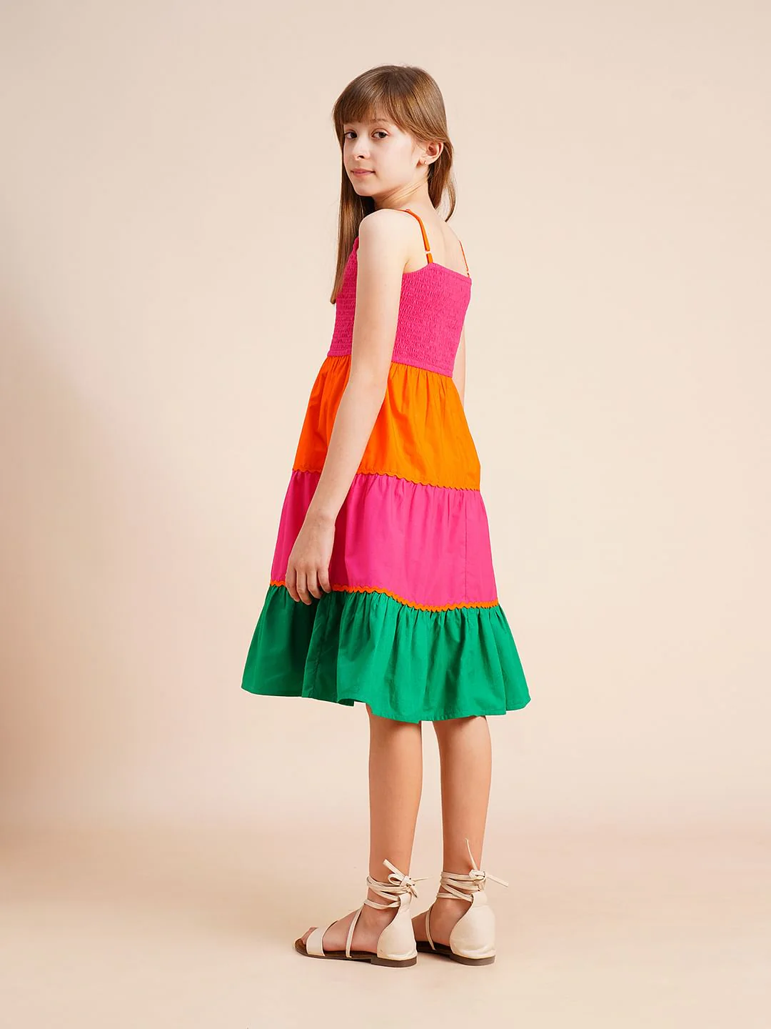 Girls Pink Colourblocked Tiered Dress - Image 3