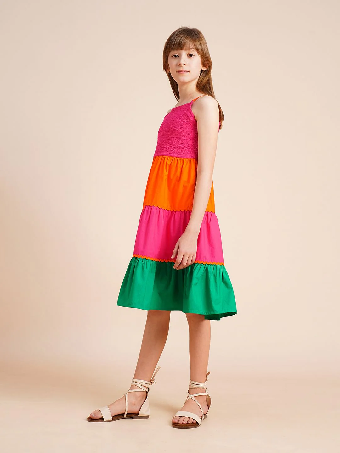 Girls Pink Colourblocked Tiered Dress - Image 5