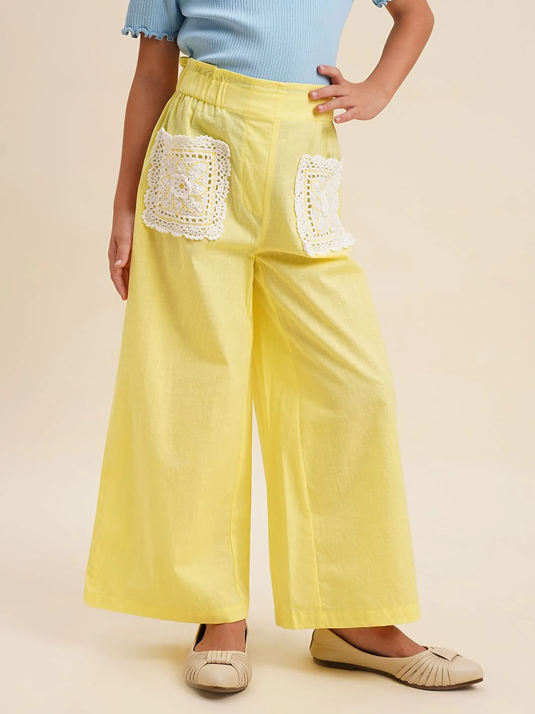 Girls Yellow Embroidered Pocket Wide Leg Pants - Image 2
