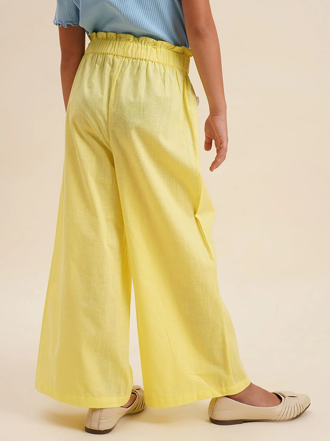 Girls Yellow Embroidered Pocket Wide Leg Pants - Image 3