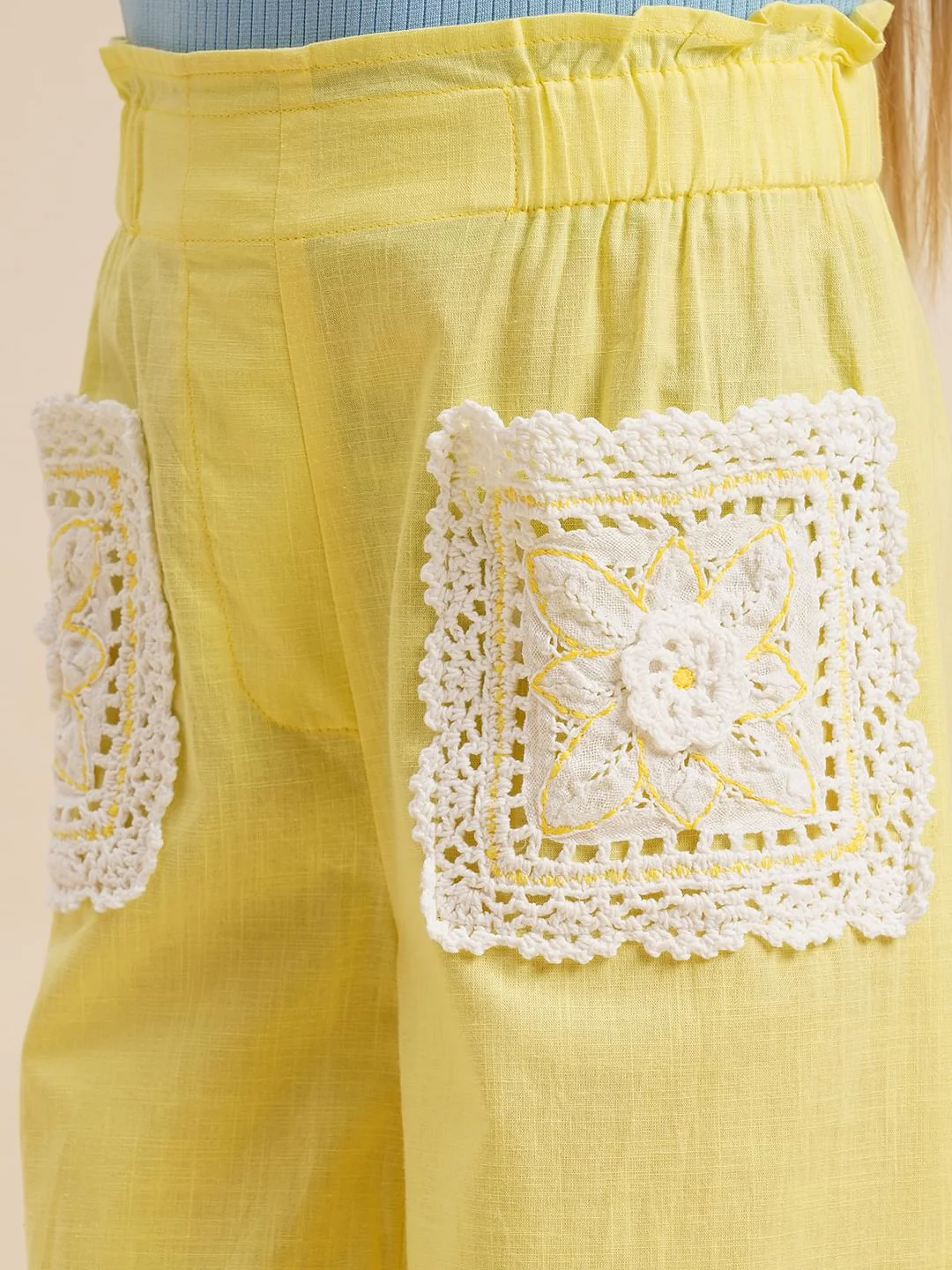 Girls Yellow Embroidered Pocket Wide Leg Pants - Image 4