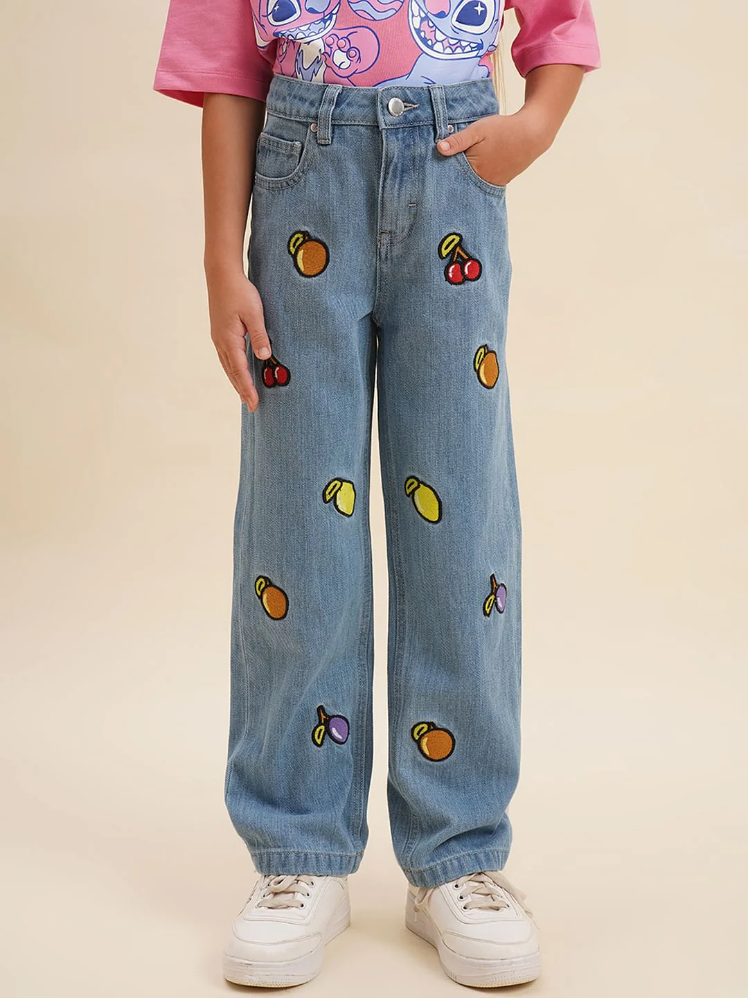 Girls Blue Fruits Print Wide Leg Jeans - Image 2