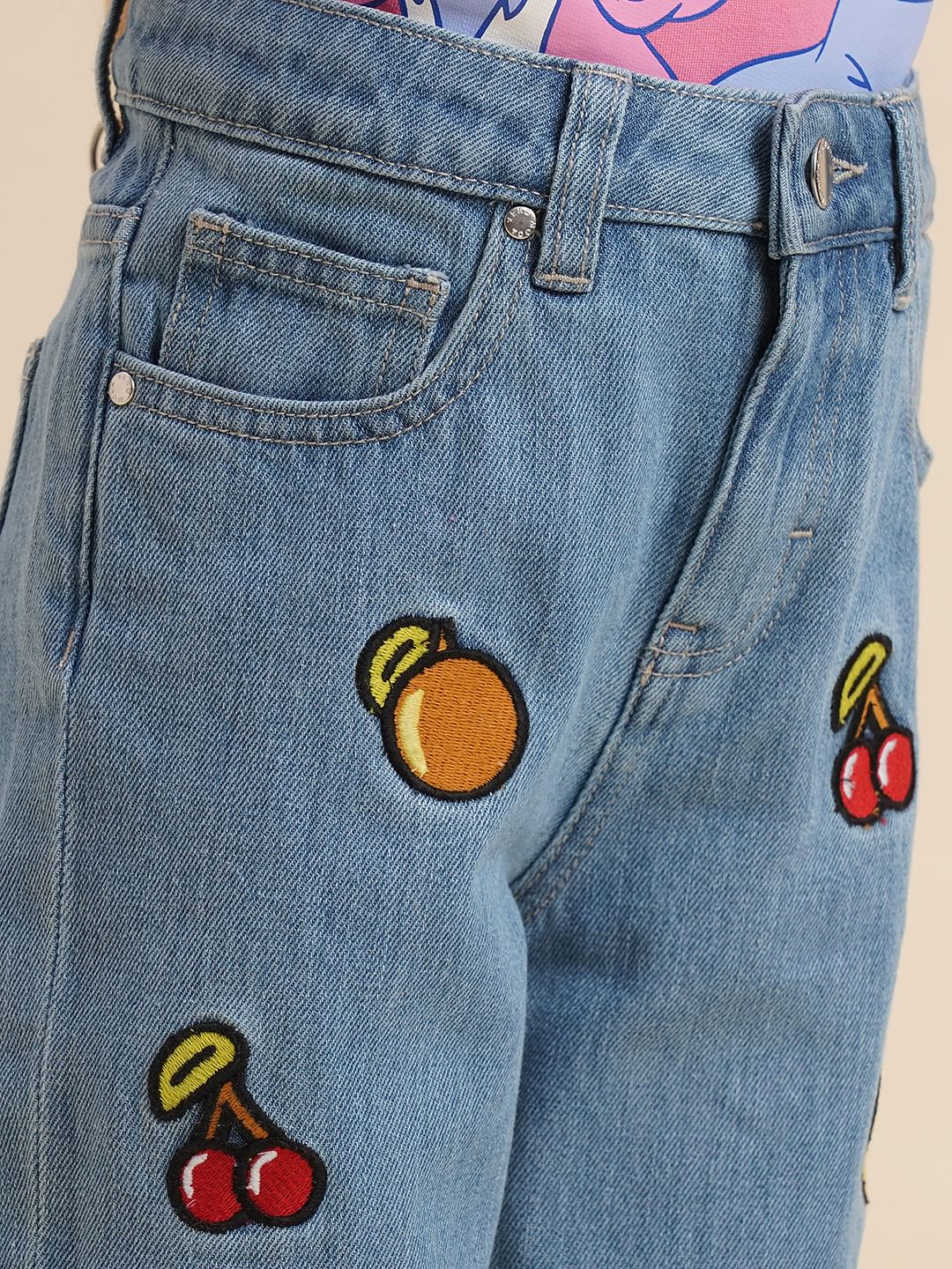 Girls Blue Fruits Print Wide Leg Jeans - Image 4