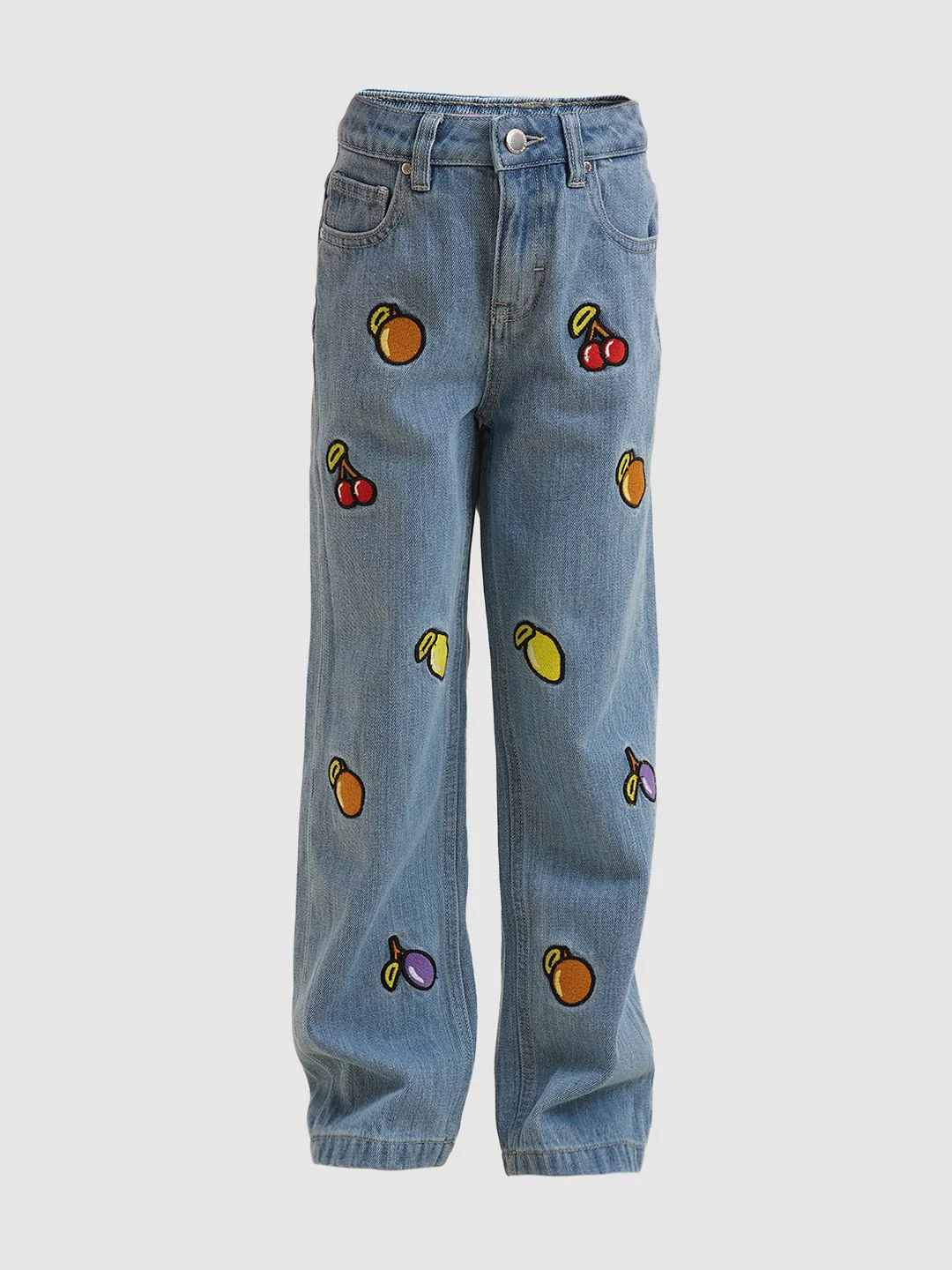 Girls Blue Fruits Print Wide Leg Jeans - Image 5