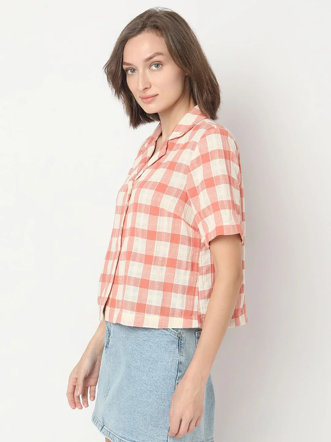 Coral Check Cotton Shirt - Image 3