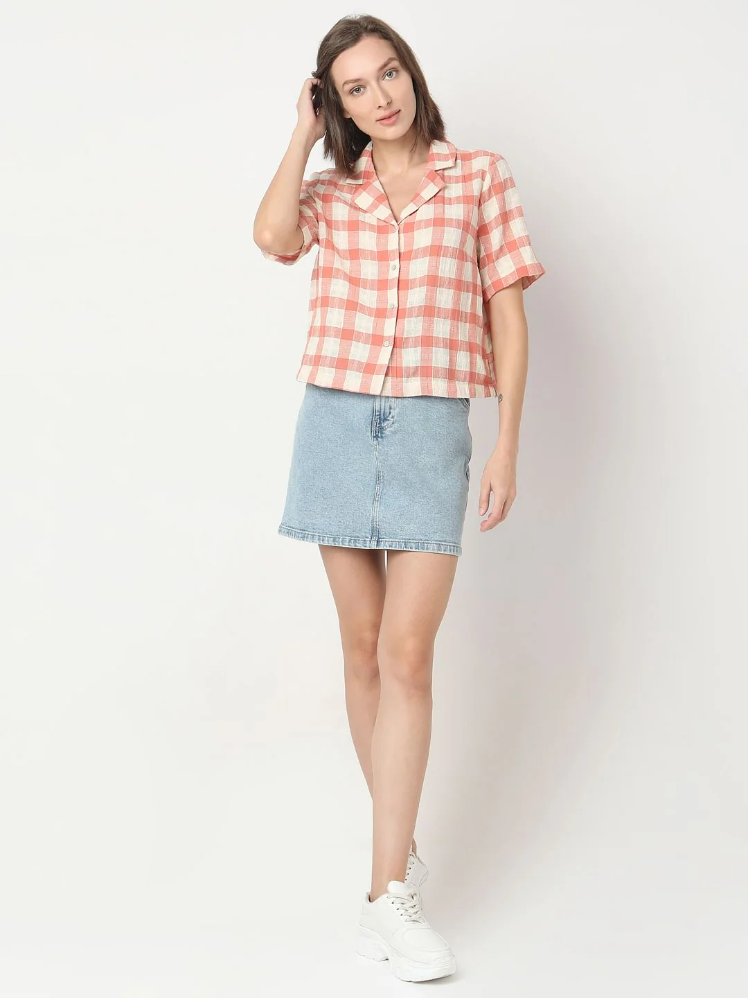 Coral Check Cotton Shirt - Image 5