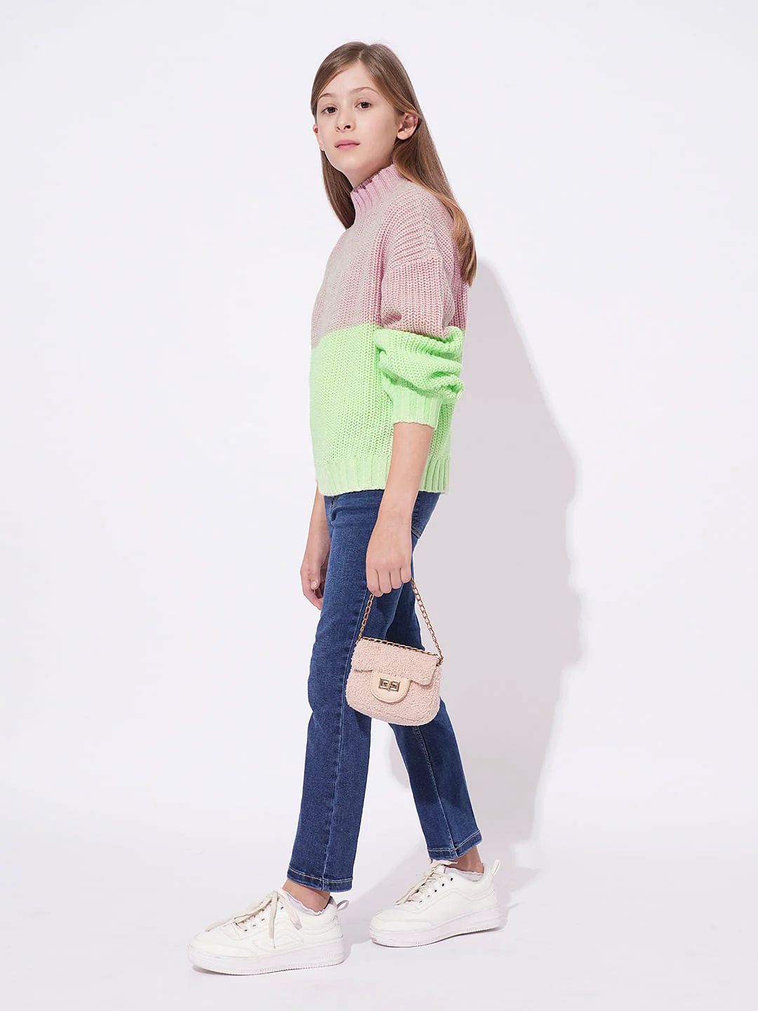 Girls Pink Colourblocked Pullover - Image 5
