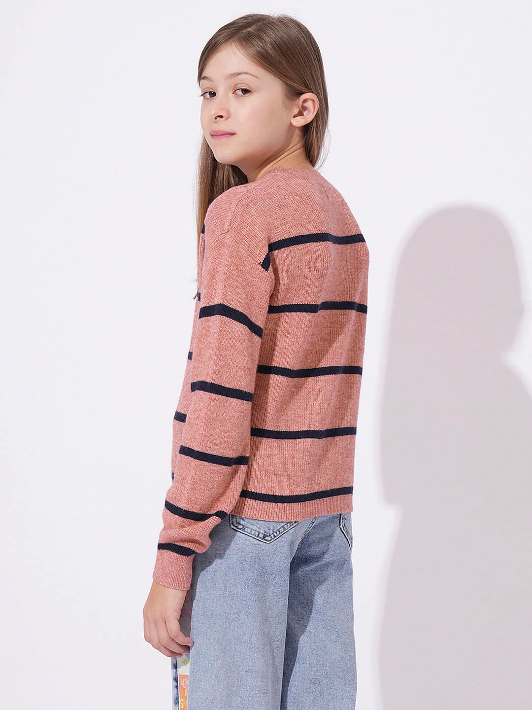 Girls Pink Vertical Striped Pullover - Image 3