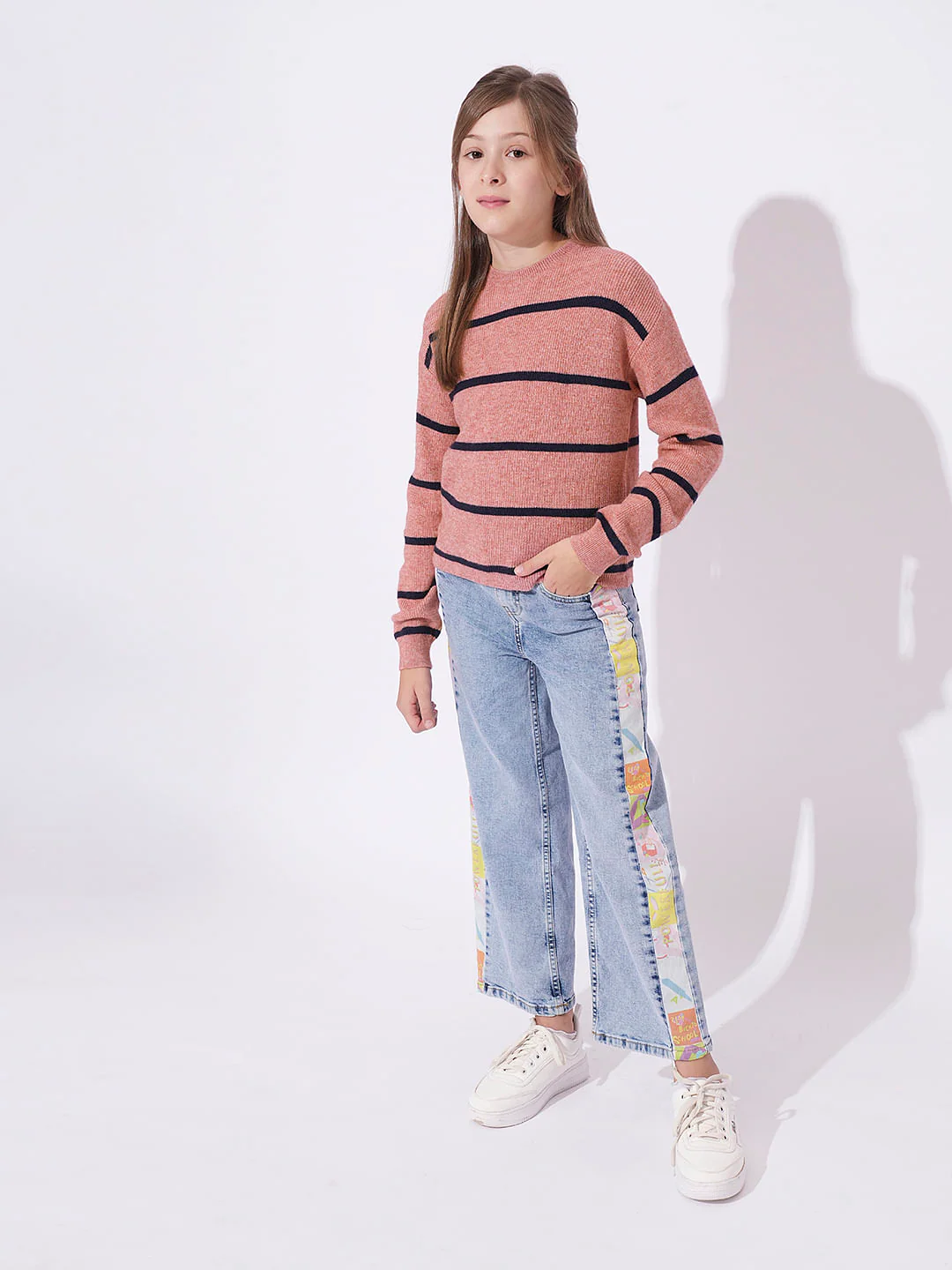 Girls Pink Vertical Striped Pullover - Image 5