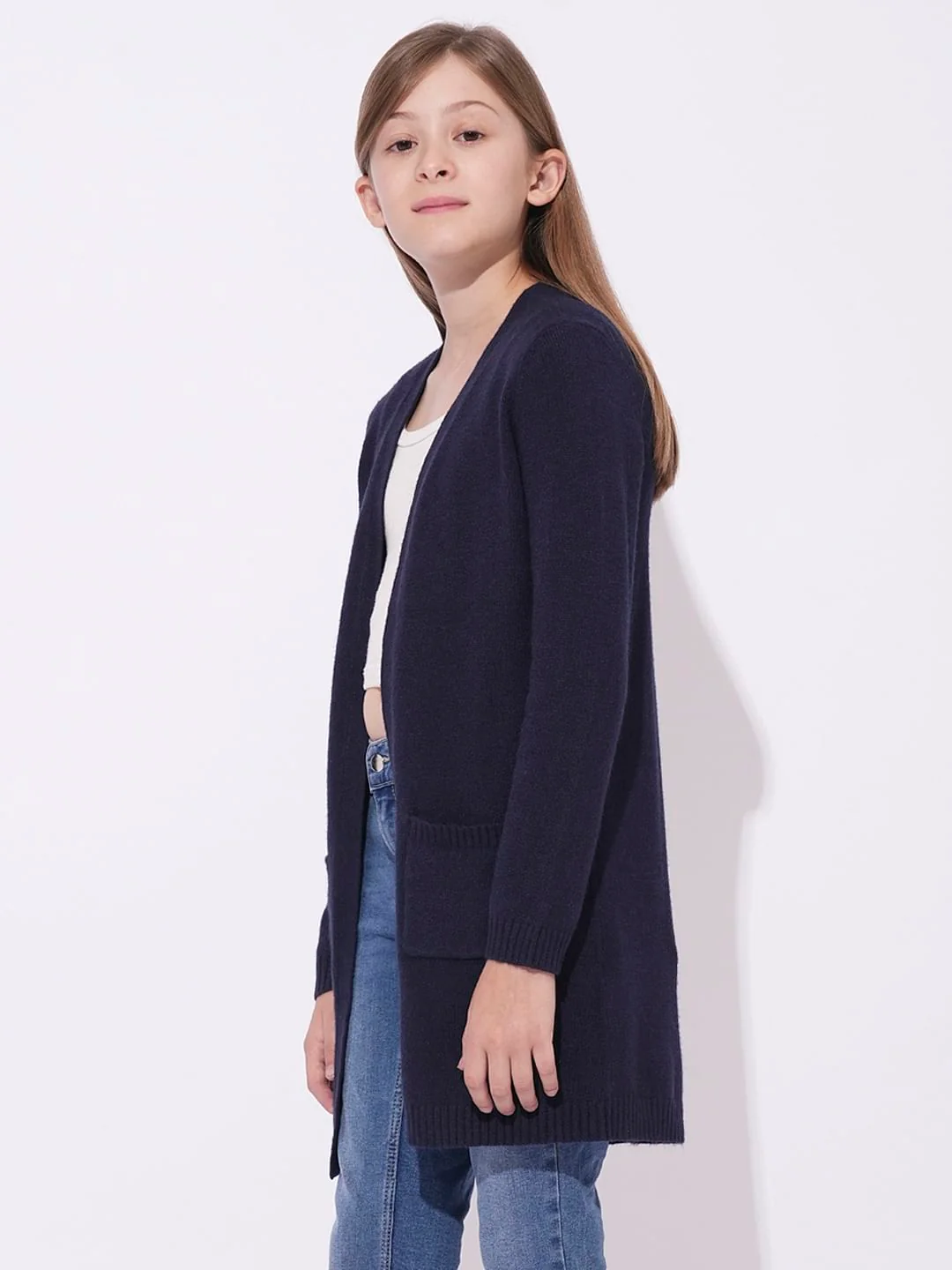 Girls Dark Blue Long Cardigan - Image 2