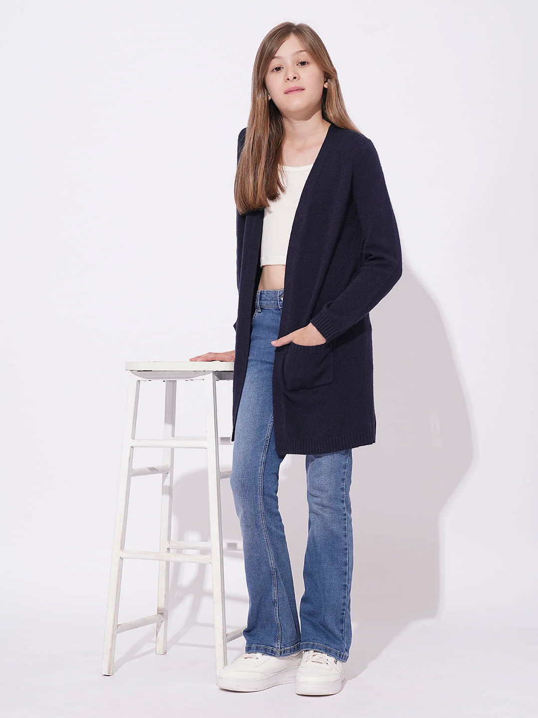 Girls Dark Blue Long Cardigan - Image 5