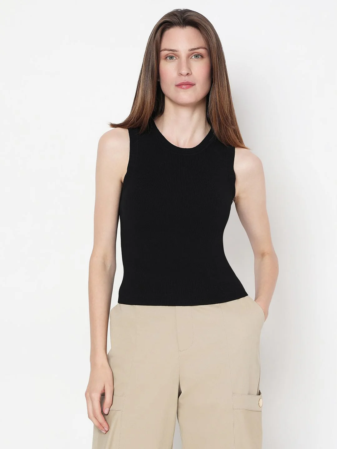 Black Ribbed Sleeveless Top - Image 2