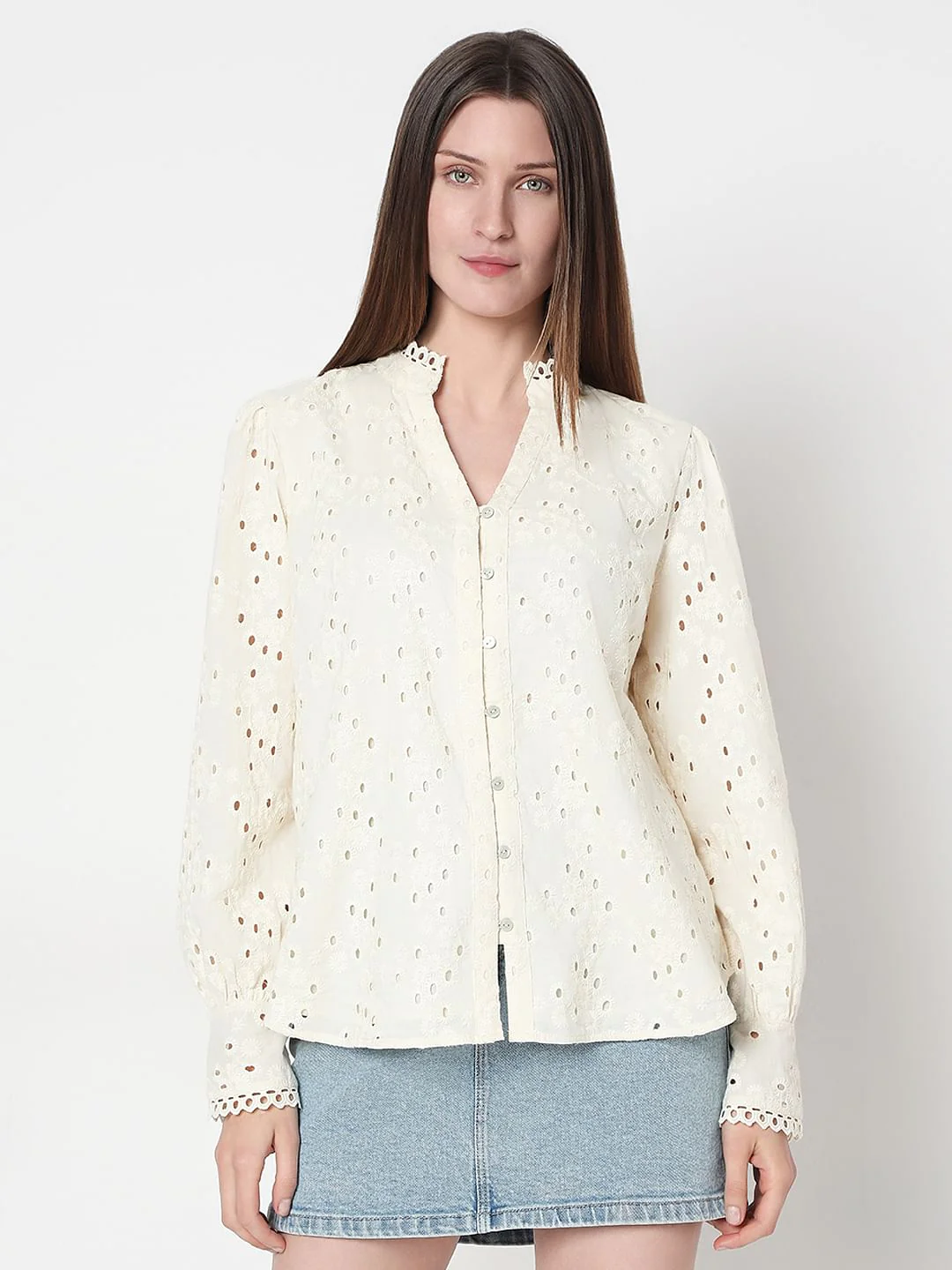 Off-White Cotton Cut-Work Shirt - Image 2