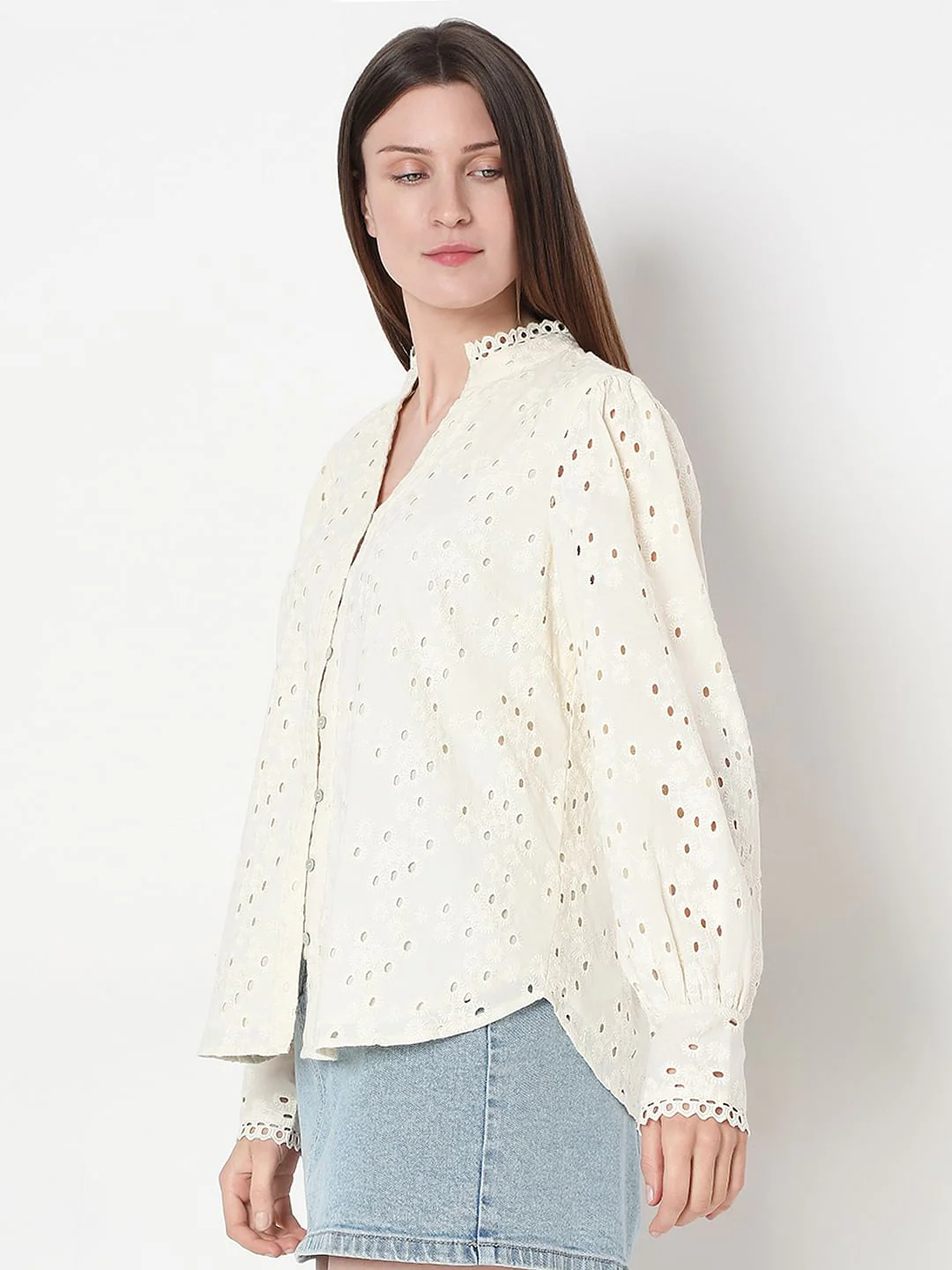 Off-White Cotton Cut-Work Shirt - Image 3