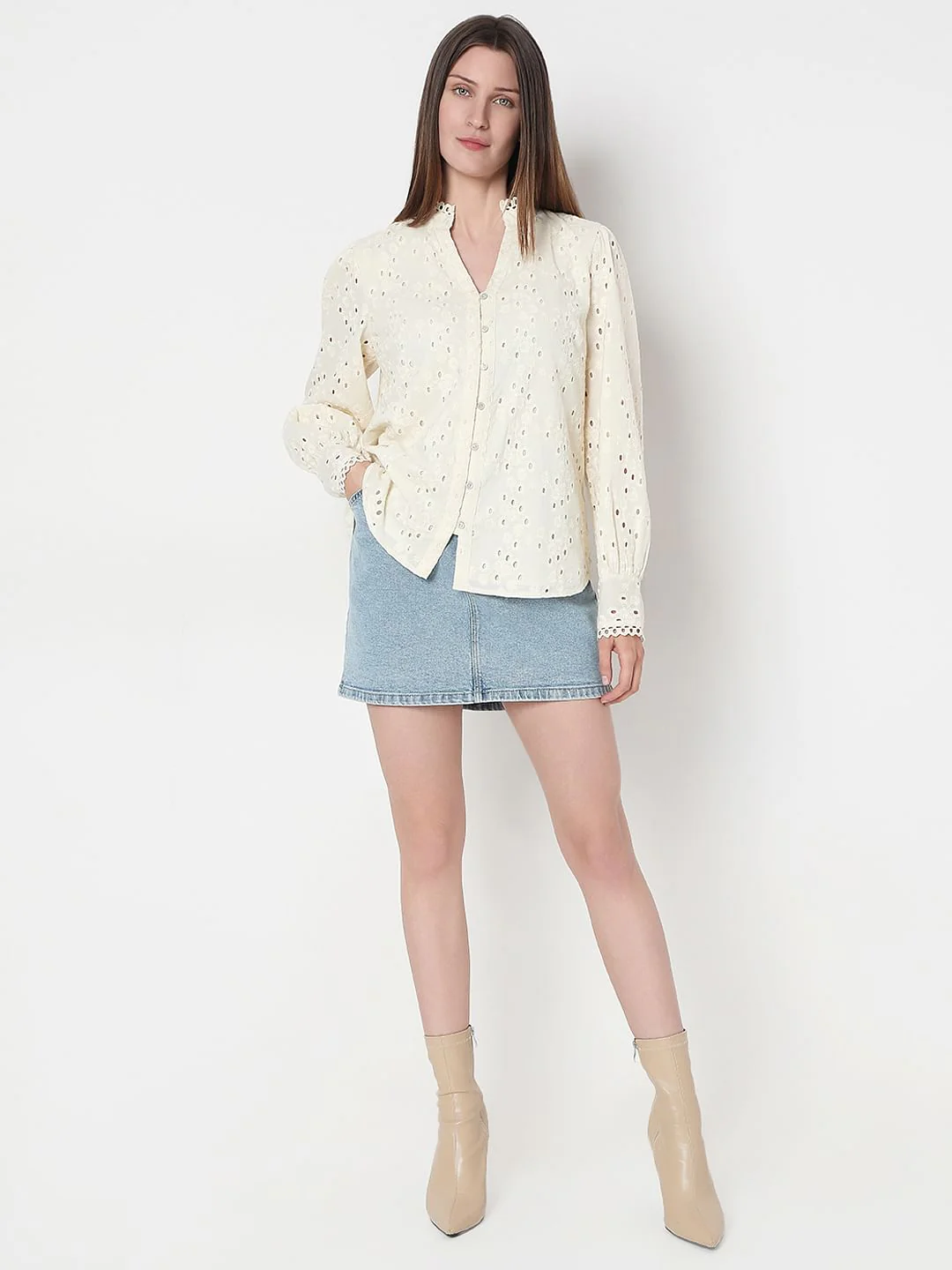 Off-White Cotton Cut-Work Shirt - Image 5