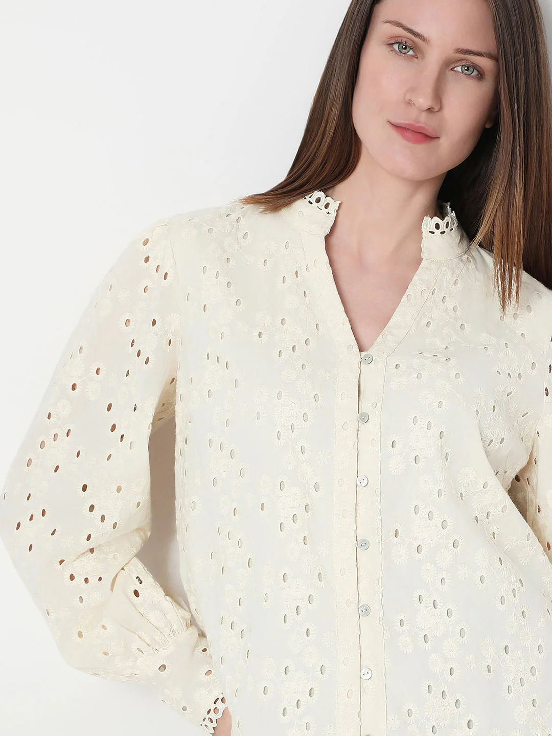 Off-White Cotton Cut-Work Shirt - Image 6