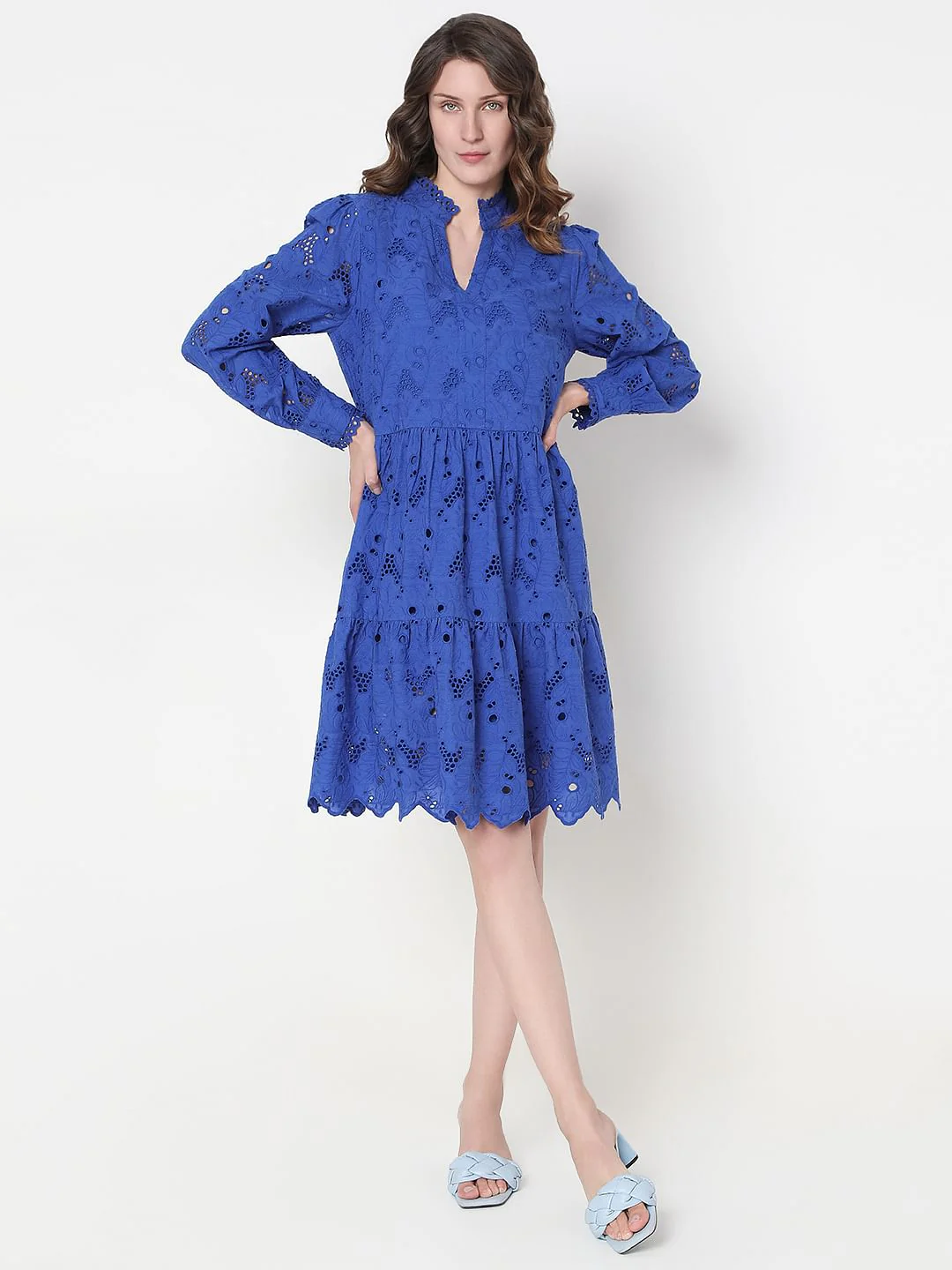 Blue Schiffli Cotton Dress - Image 5