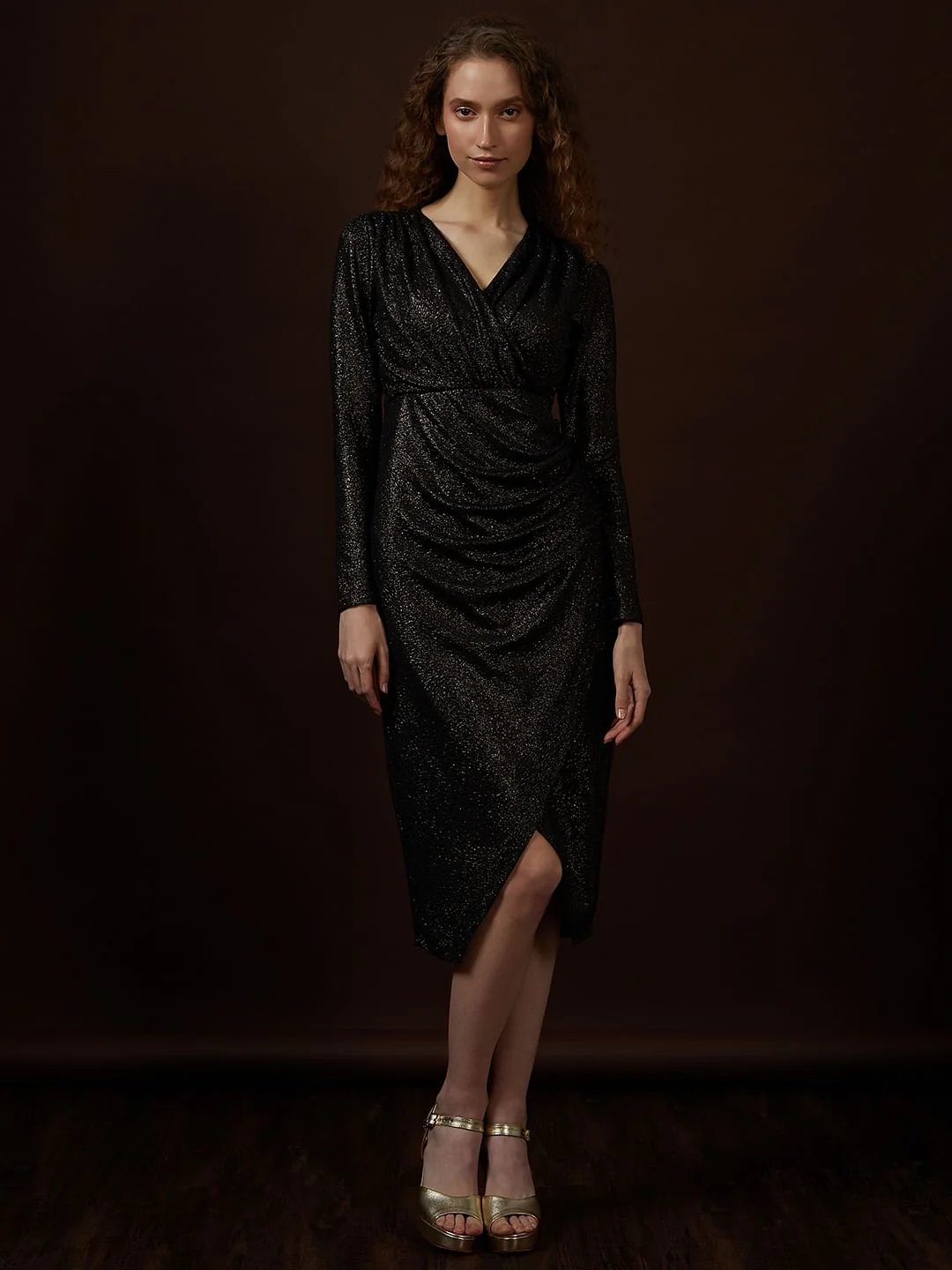 Black Shimmer Mock Wrap Dress - Image 2