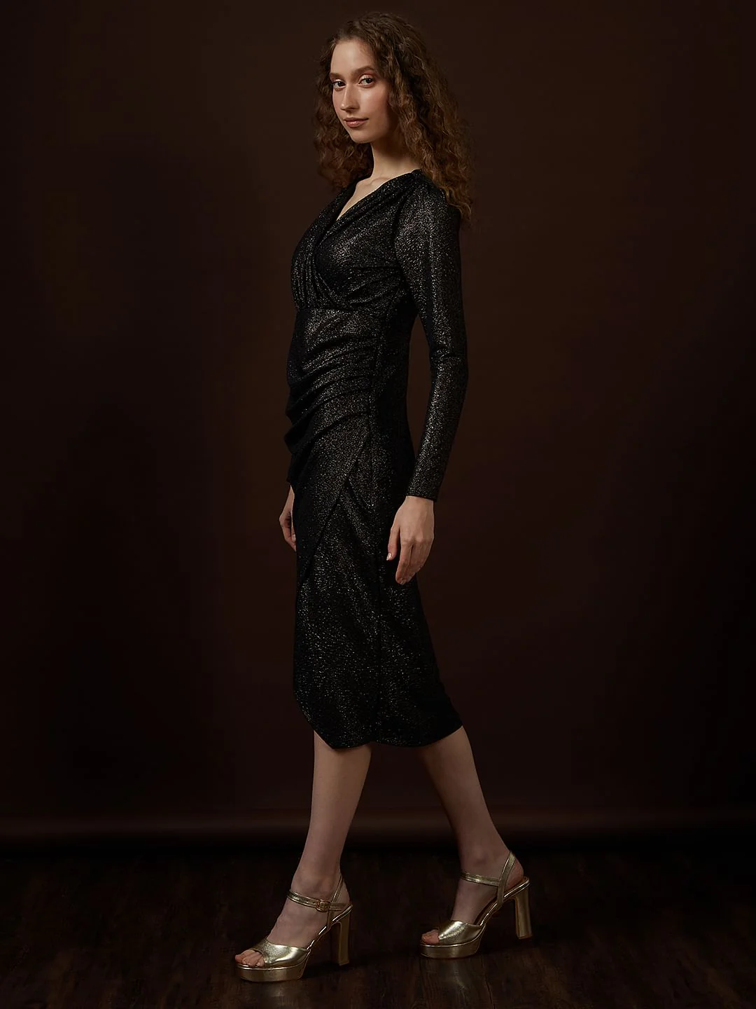 Black Shimmer Mock Wrap Dress - Image 3