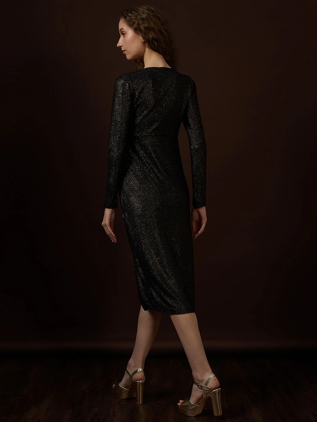 Black Shimmer Mock Wrap Dress - Image 4