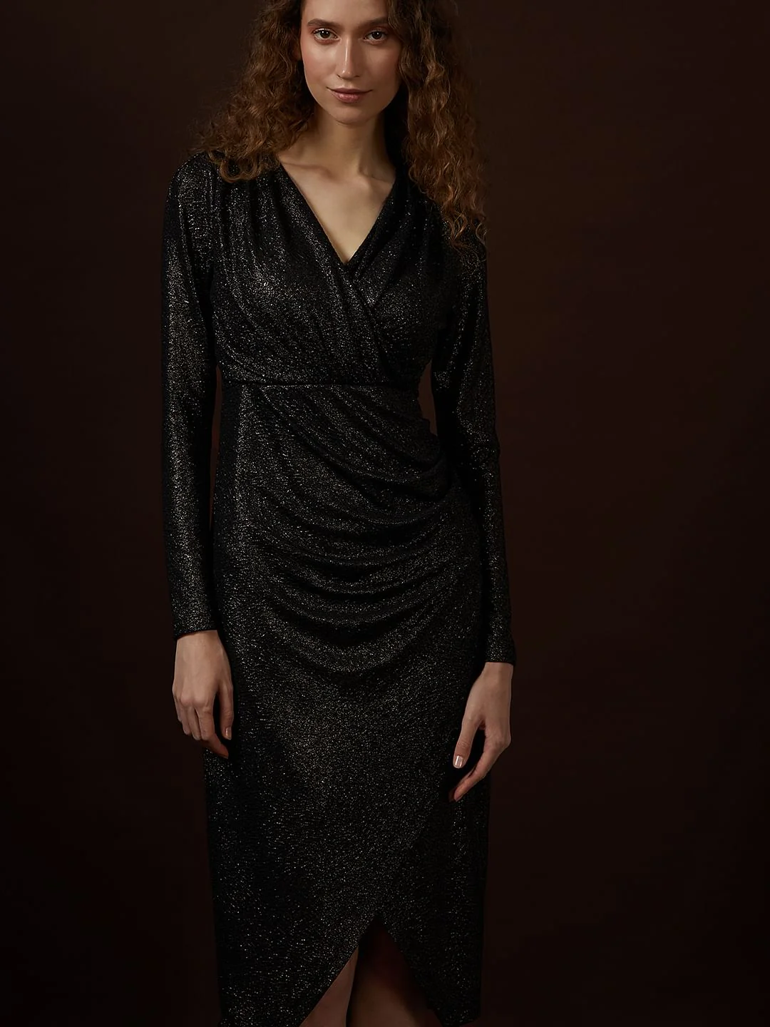 Black Shimmer Mock Wrap Dress - Image 5